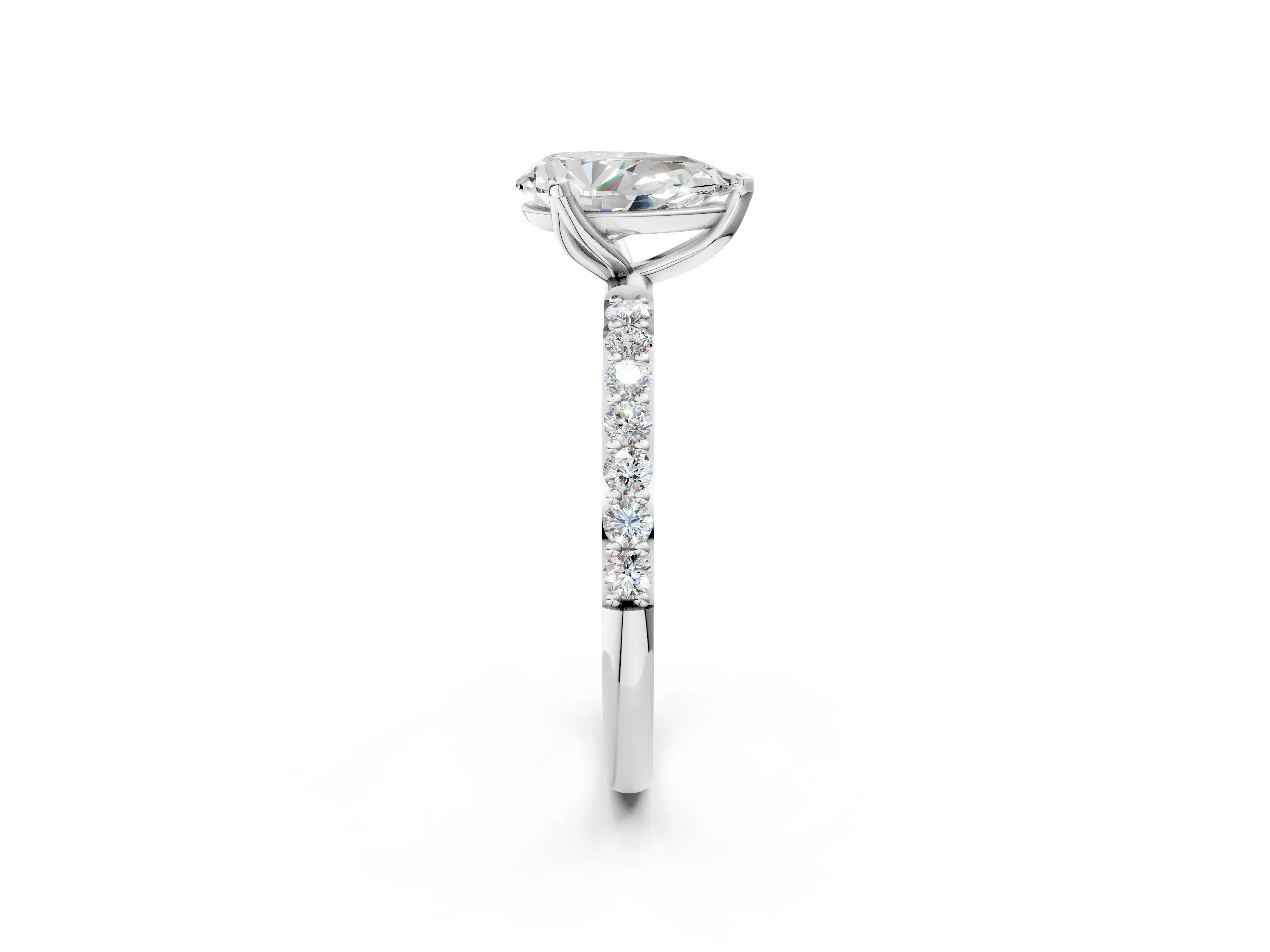 White gold Pear Cut Diamond Solitaire Engagement Ring with Round with Moissanite side stone Pavé Band and Prong Setting_14
