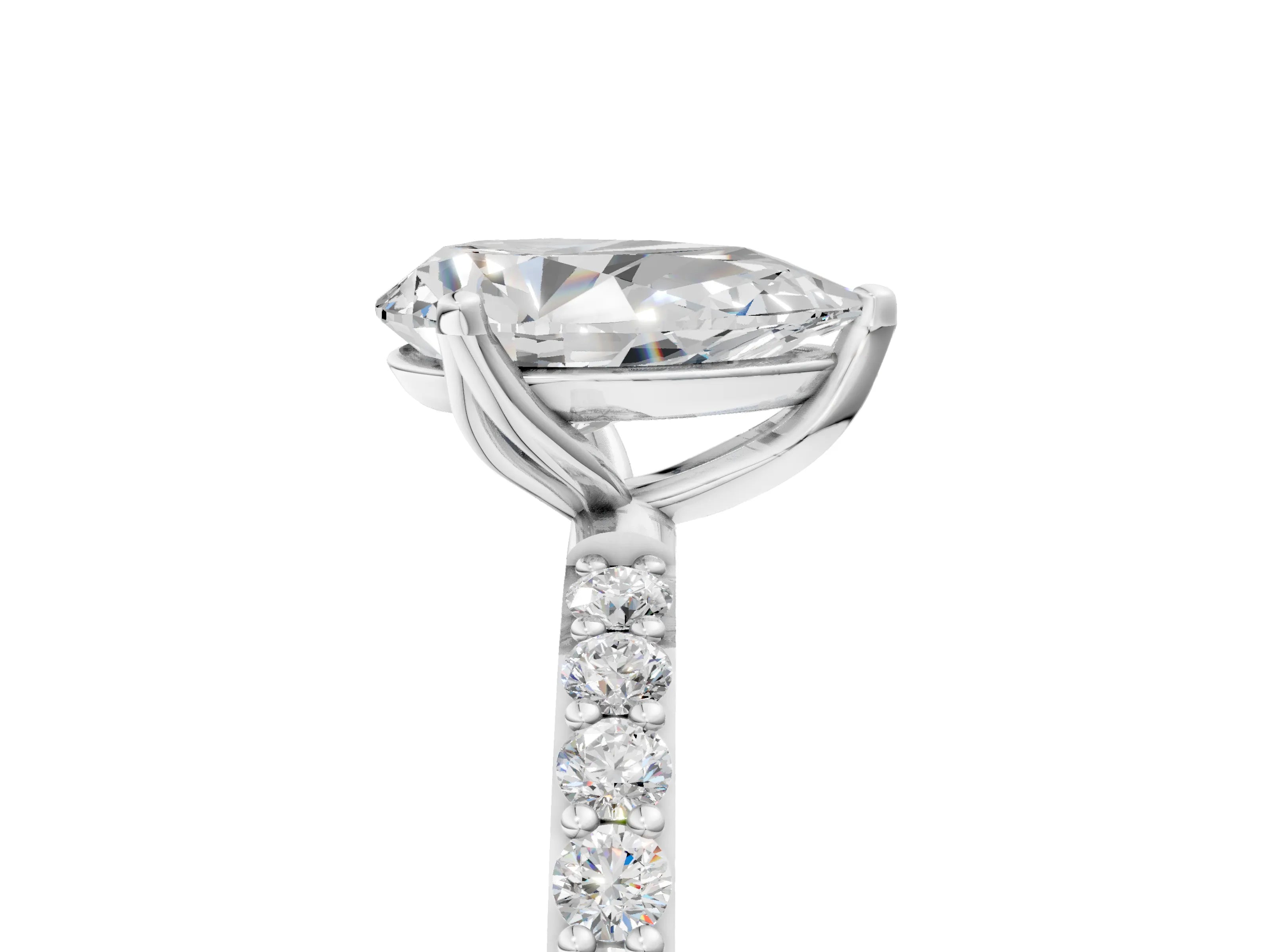 White gold Pear Cut Diamond Solitaire Engagement Ring with Round with Moissanite side stone Pavé Band and Prong Setting_17