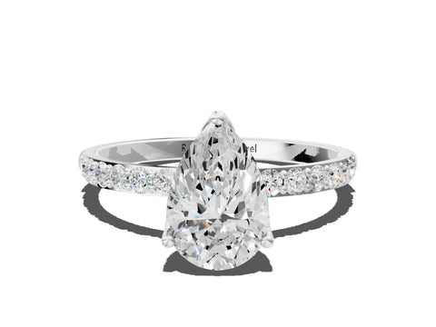 White gold Pear Cut Diamond Solitaire Engagement Ring with Round with Moissanite side stone Pavé Band and Prong Setting_24