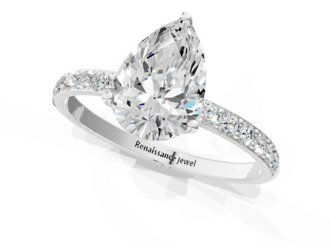 White gold Pear Cut Diamond Solitaire Engagement Ring with Round with Moissanite side stone Pavé Band and Prong Setting_25