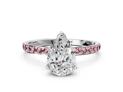 White gold Pear Cut Diamond Solitaire Engagement Ring with Round with Morganite side stone Pavé Band and Prong Setting_12