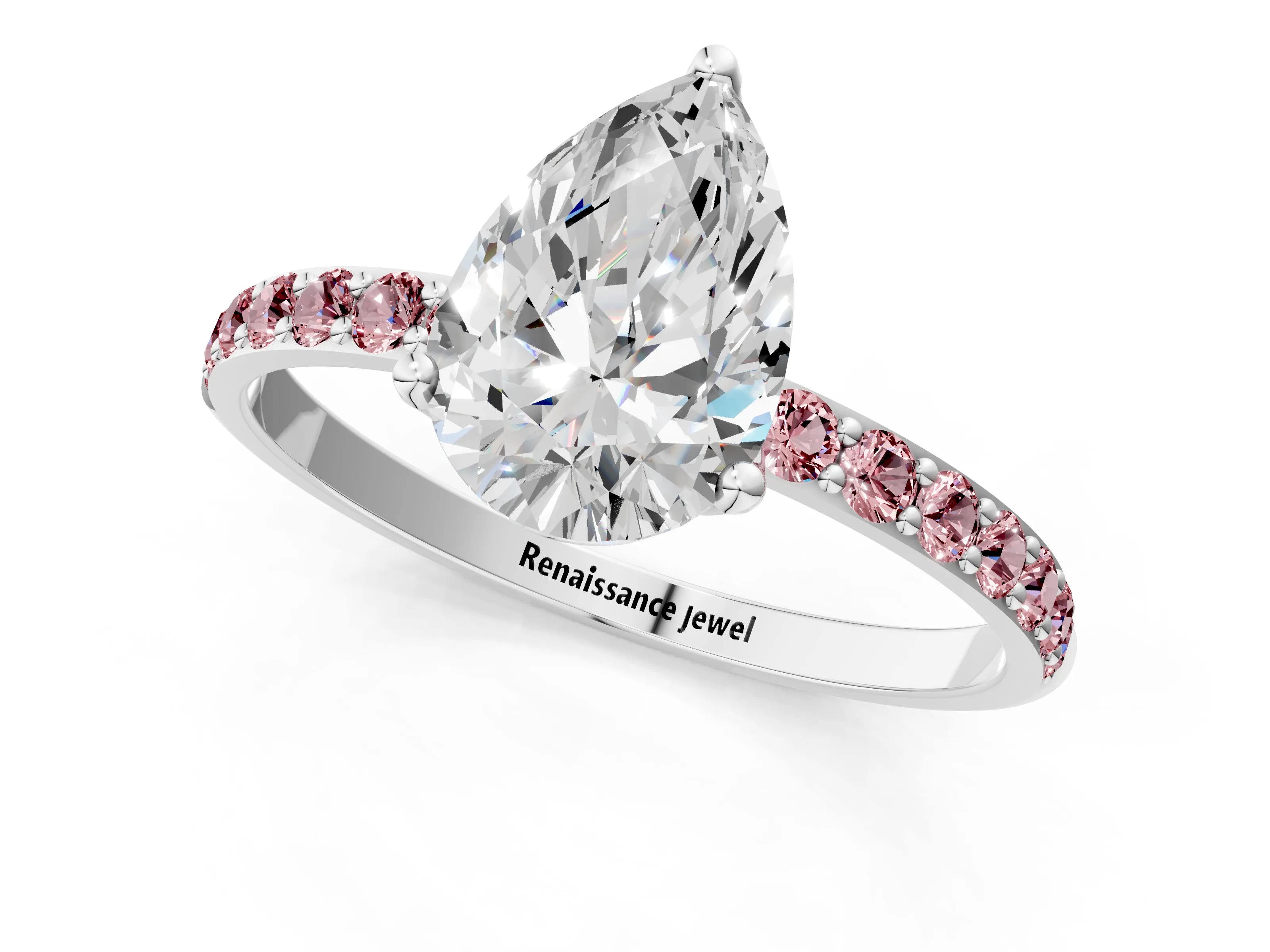 White gold Pear Cut Diamond Solitaire Engagement Ring with Round with Morganite side stone Pavé Band and Prong Setting_13