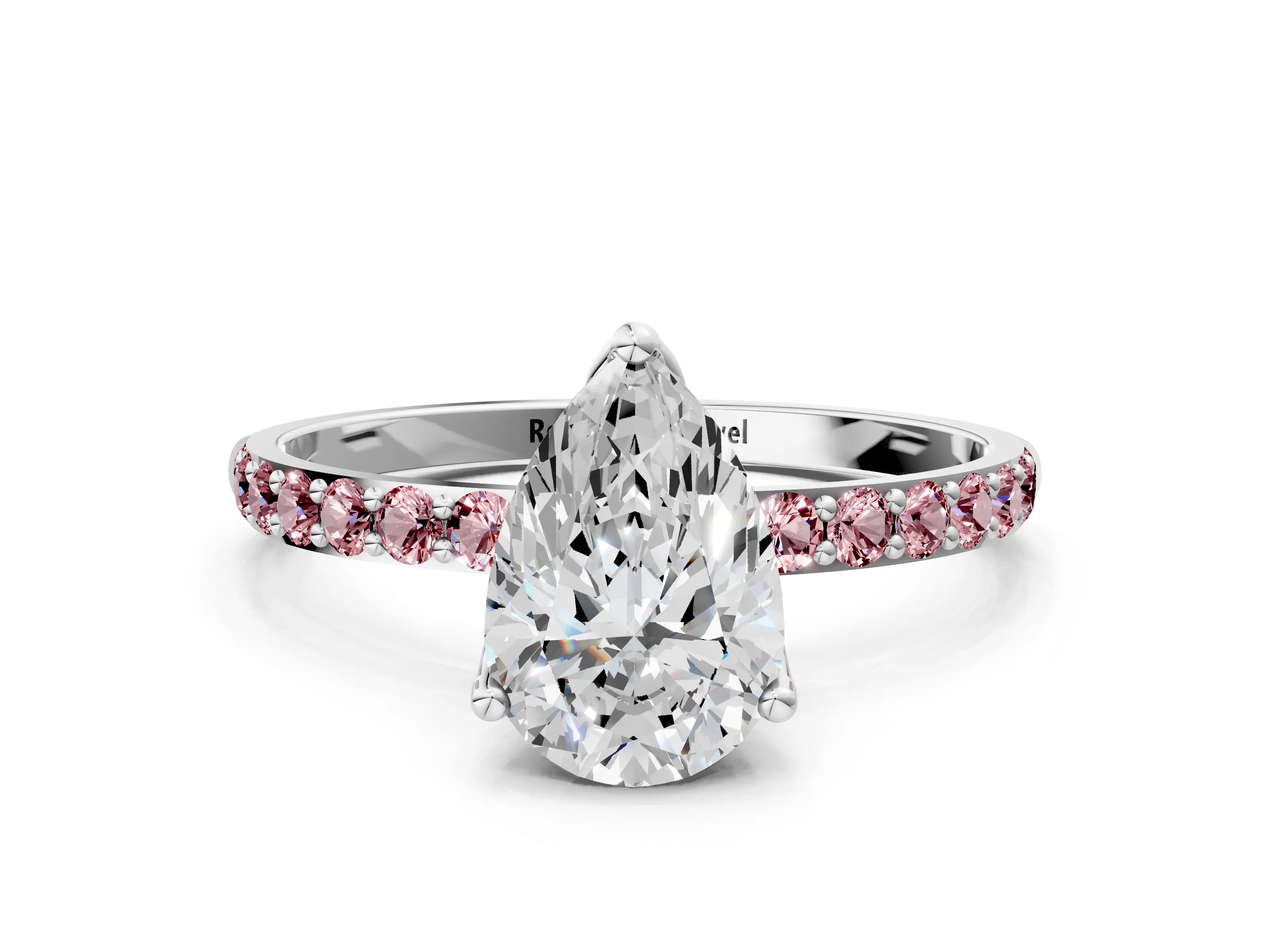 White gold Pear Cut Diamond Solitaire Engagement Ring with Round with Morganite side stone Pavé Band and Prong Setting_24