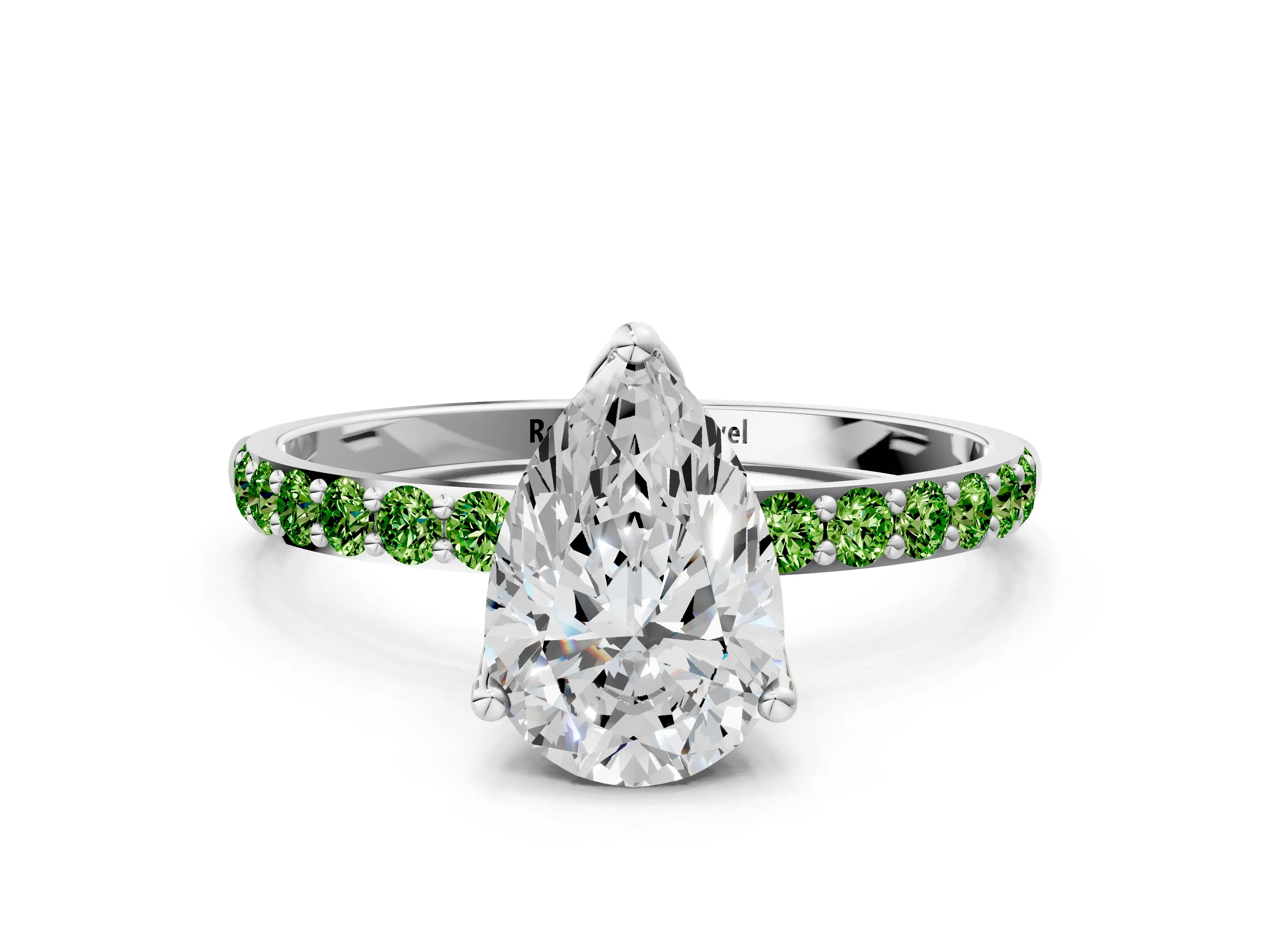 White gold Pear Cut Diamond Solitaire Engagement Ring with Round with Peridot side stone Pavé Band and Prong Setting_12