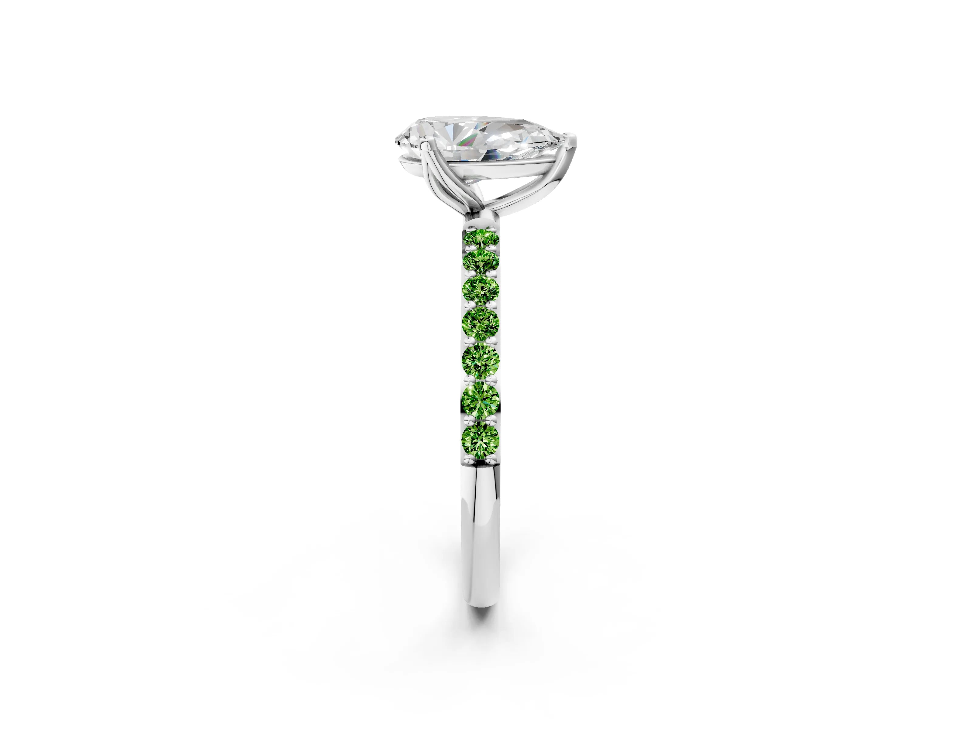 White gold Pear Cut Diamond Solitaire Engagement Ring with Round with Peridot side stone Pavé Band and Prong Setting_14