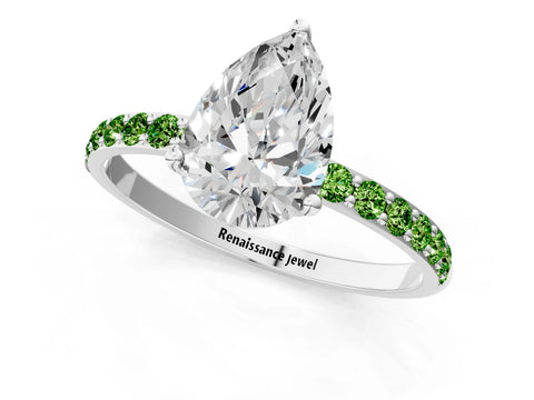 White gold Pear Cut Diamond Solitaire Engagement Ring with Round with Peridot side stone Pavé Band and Prong Setting_1
