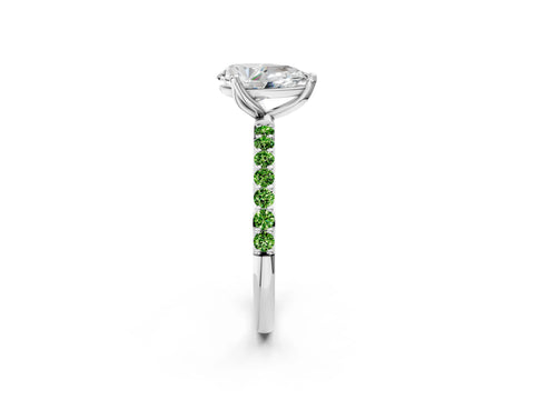 White gold Pear Cut Diamond Solitaire Engagement Ring with Round with Peridot side stone Pavé Band and Prong Setting_2