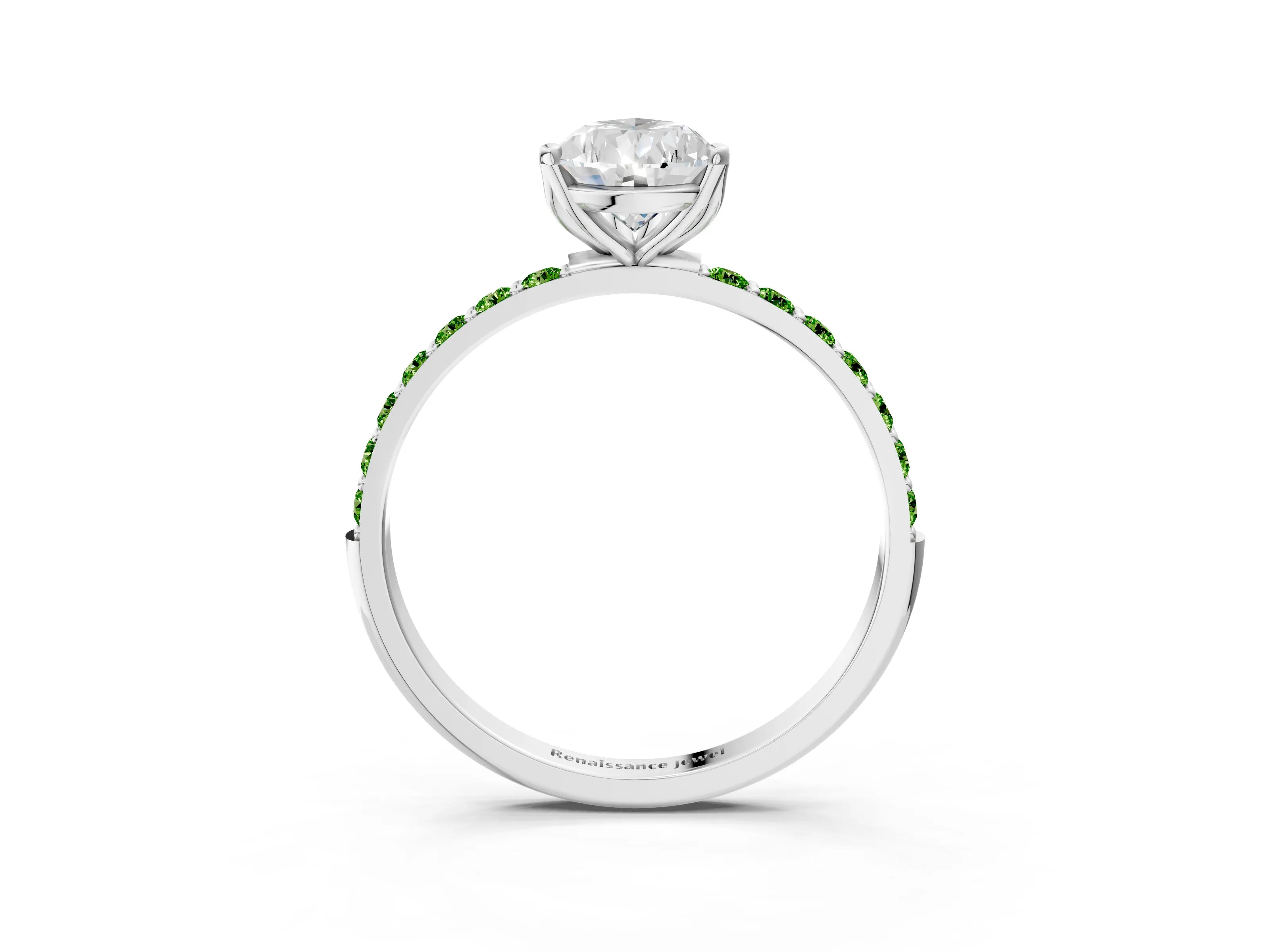 White gold Pear Cut Diamond Solitaire Engagement Ring with Round with Peridot side stone Pavé Band and Prong Setting_3