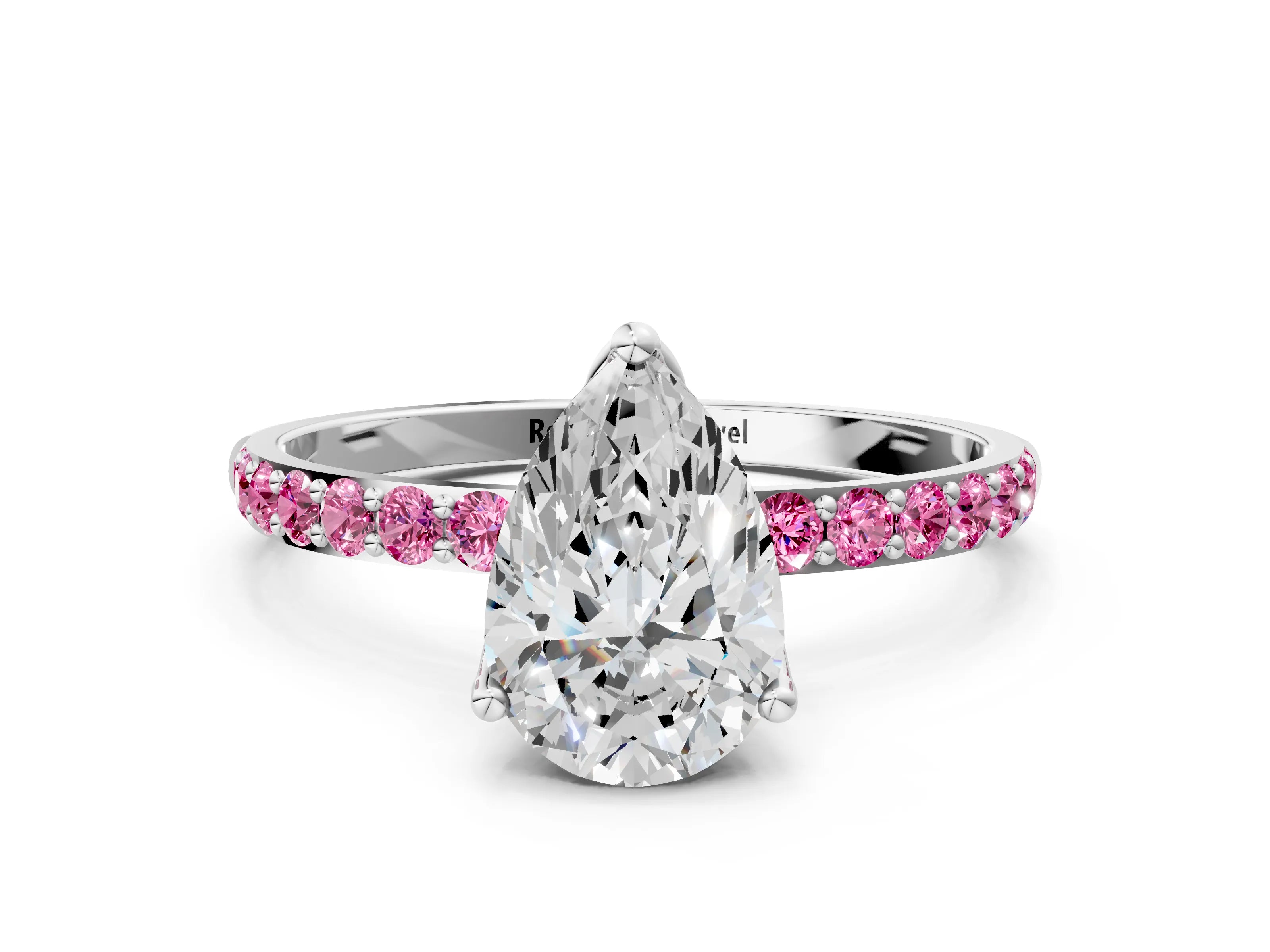 White gold Pear Cut Diamond Solitaire Engagement Ring with Round with Pink Sapphire side stone Pavé Band and Prong Setting_12