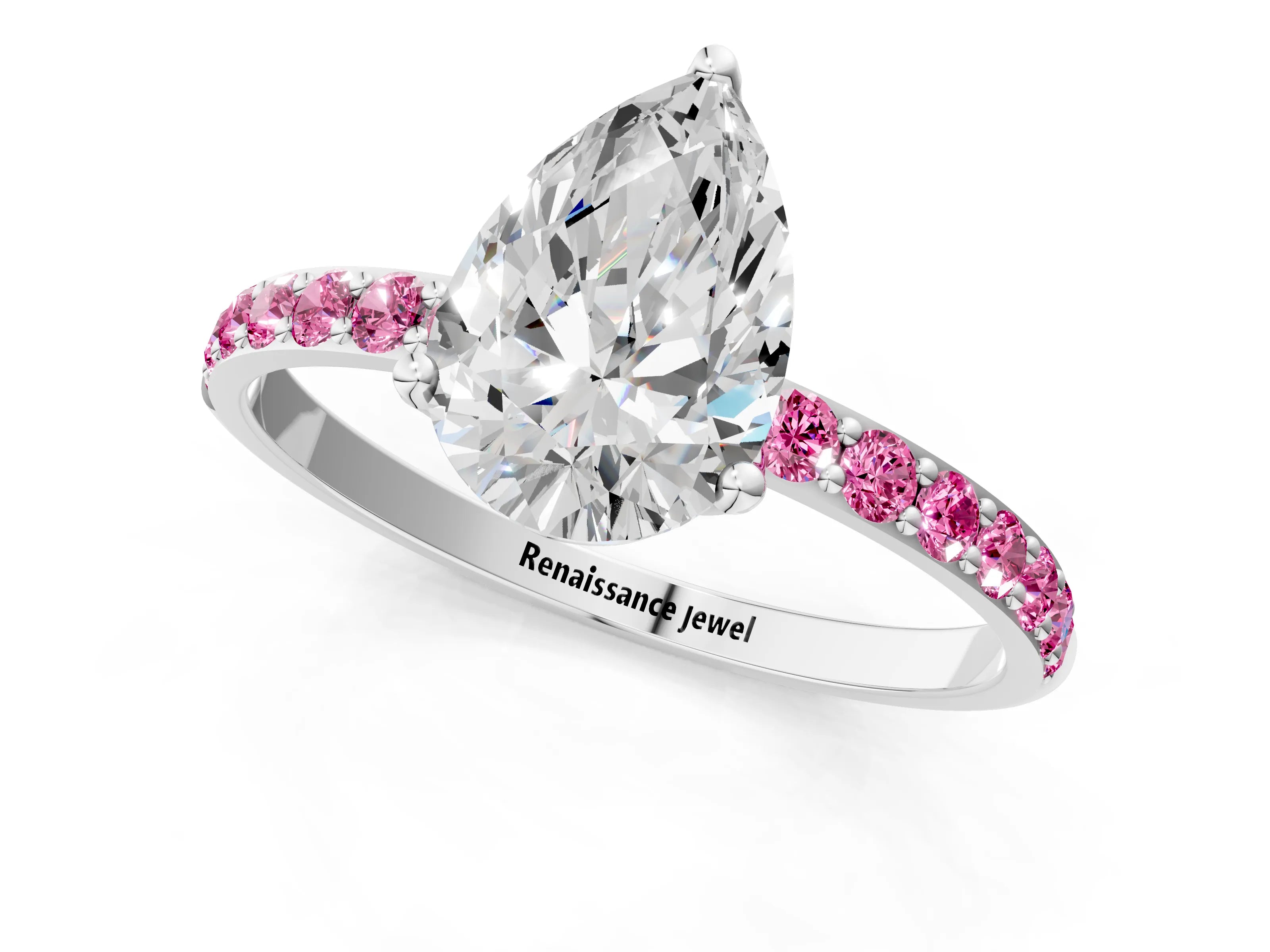 White gold Pear Cut Diamond Solitaire Engagement Ring with Round with Pink Sapphire side stone Pavé Band and Prong Setting_13