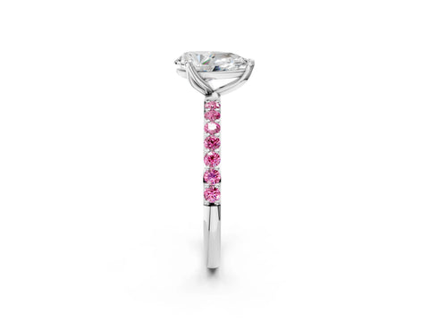 White gold Pear Cut Diamond Solitaire Engagement Ring with Round with Pink Sapphire side stone Pavé Band and Prong Setting_14