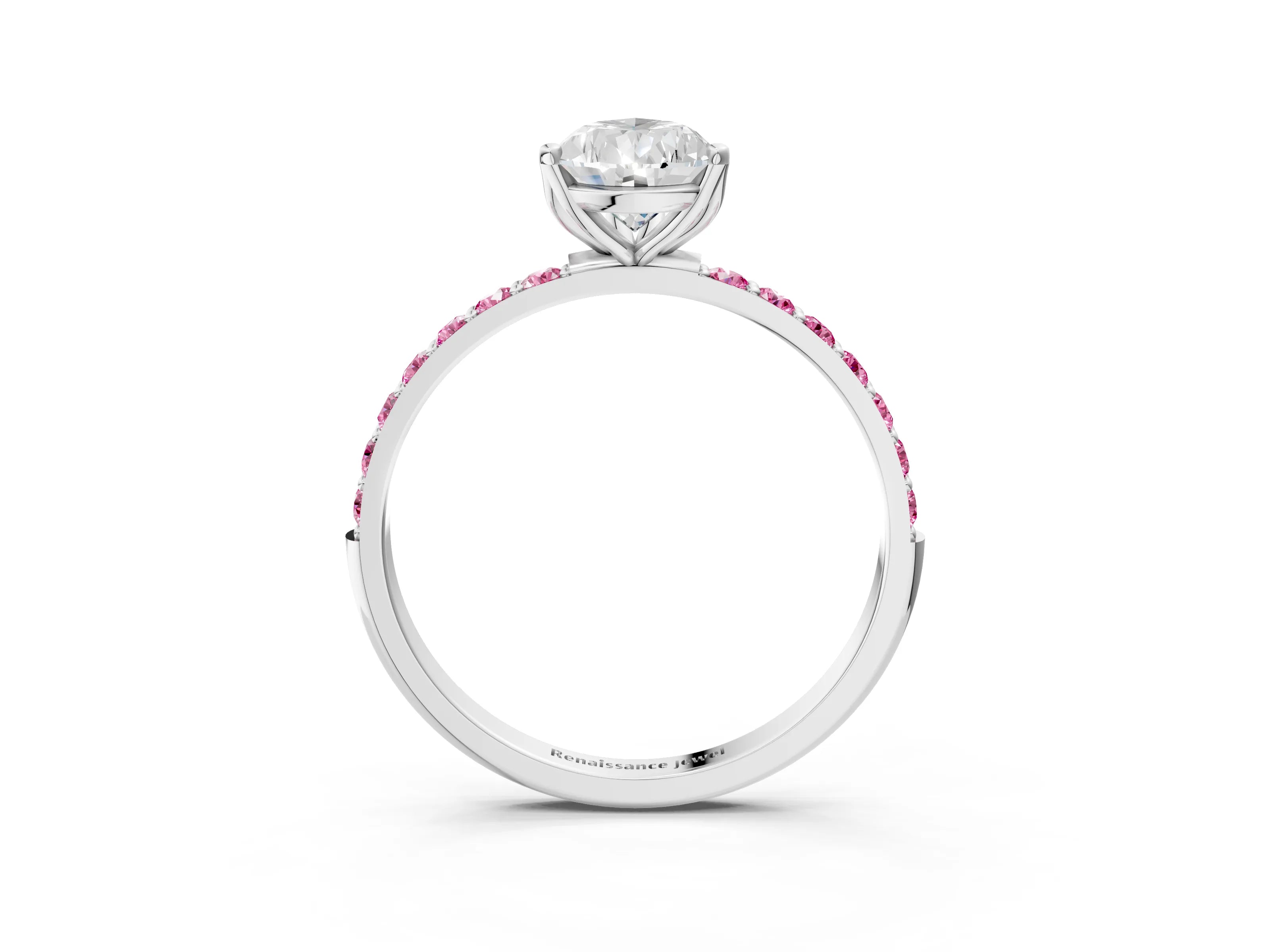 White gold Pear Cut Diamond Solitaire Engagement Ring with Round with Pink Sapphire side stone Pavé Band and Prong Setting_15