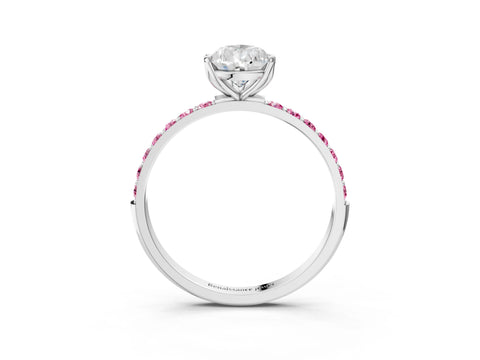 White gold Pear Cut Diamond Solitaire Engagement Ring with Round with Pink Sapphire side stone Pavé Band and Prong Setting_15
