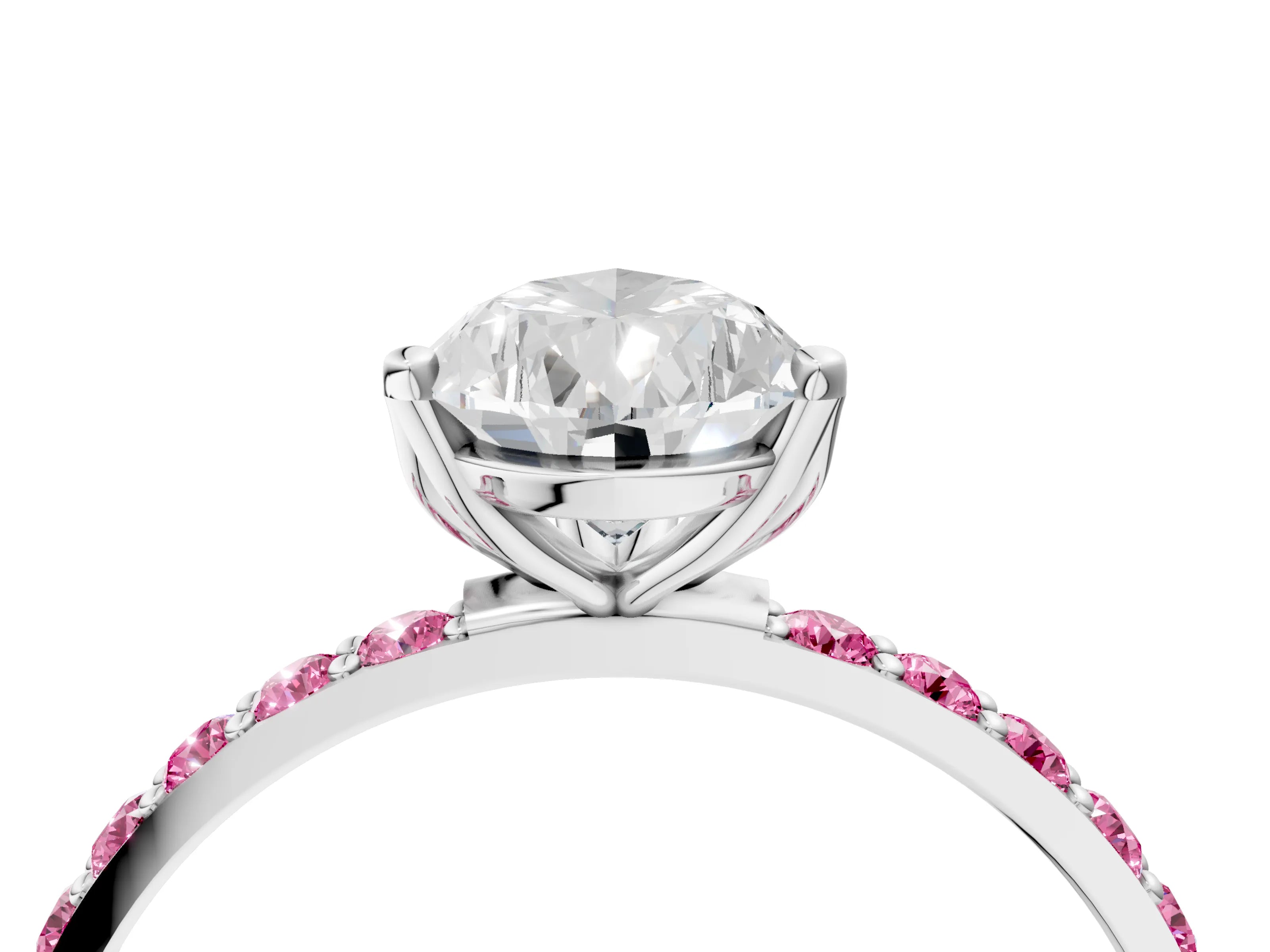 White gold Pear Cut Diamond Solitaire Engagement Ring with Round with Pink Sapphire side stone Pavé Band and Prong Setting_16