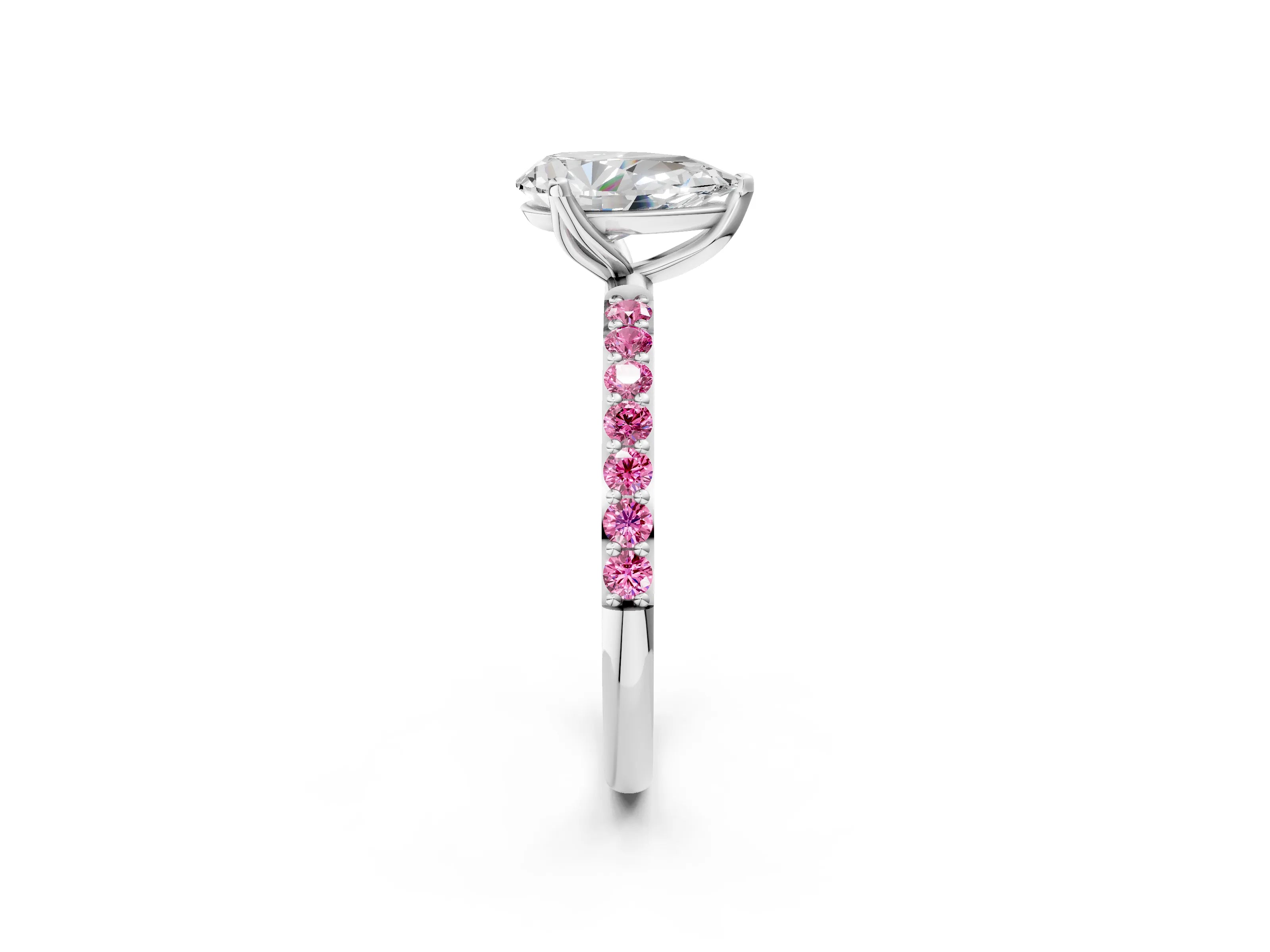 White gold Pear Cut Diamond Solitaire Engagement Ring with Round with Pink Sapphire side stone Pavé Band and Prong Setting_26