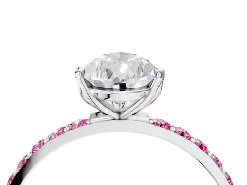 White gold Pear Cut Diamond Solitaire Engagement Ring with Round with Pink Sapphire side stone Pavé Band and Prong Setting_28