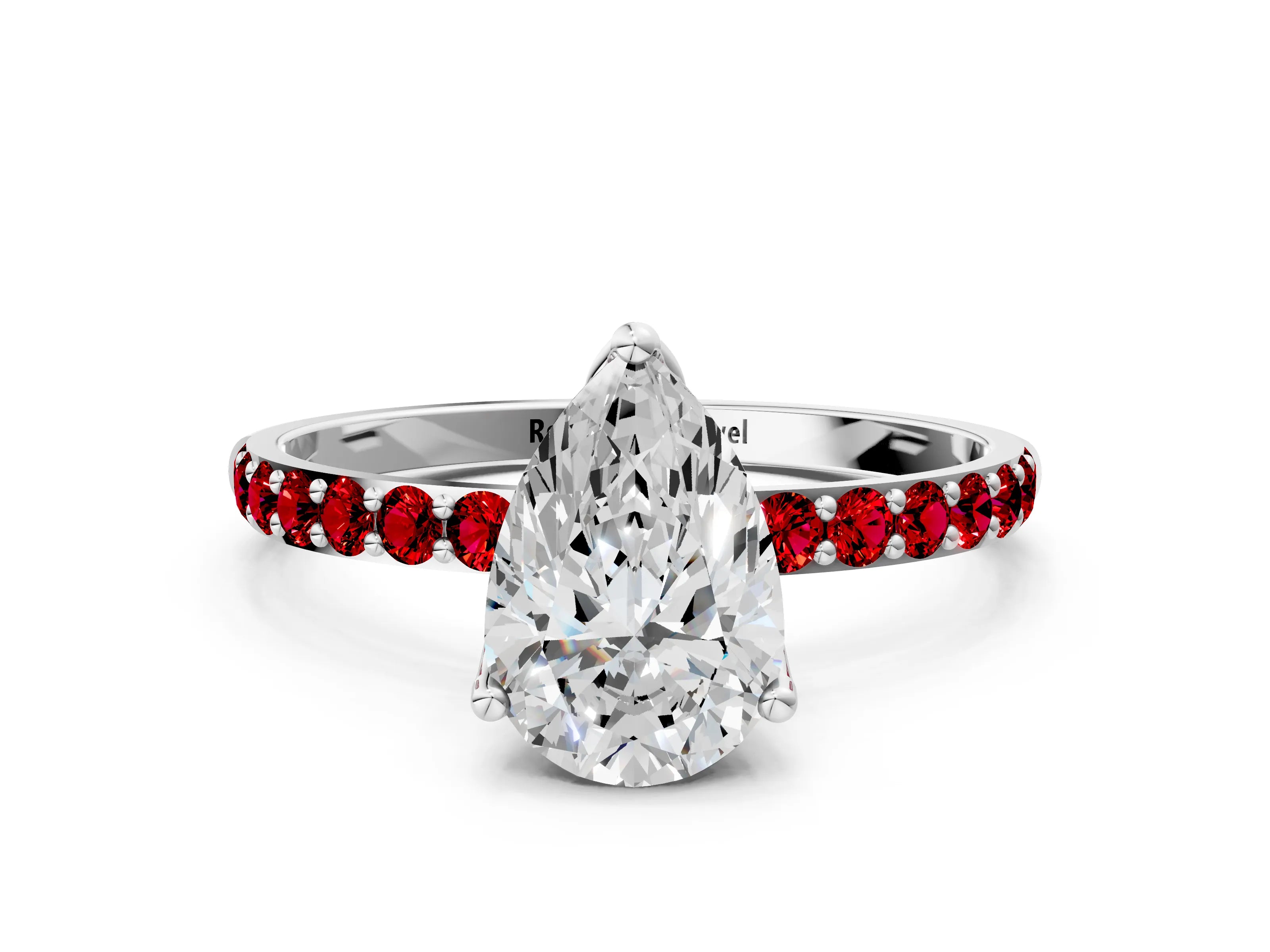 White gold Pear Cut Diamond Solitaire Engagement Ring with Round with Ruby side stone Pavé Band and Prong Setting_12