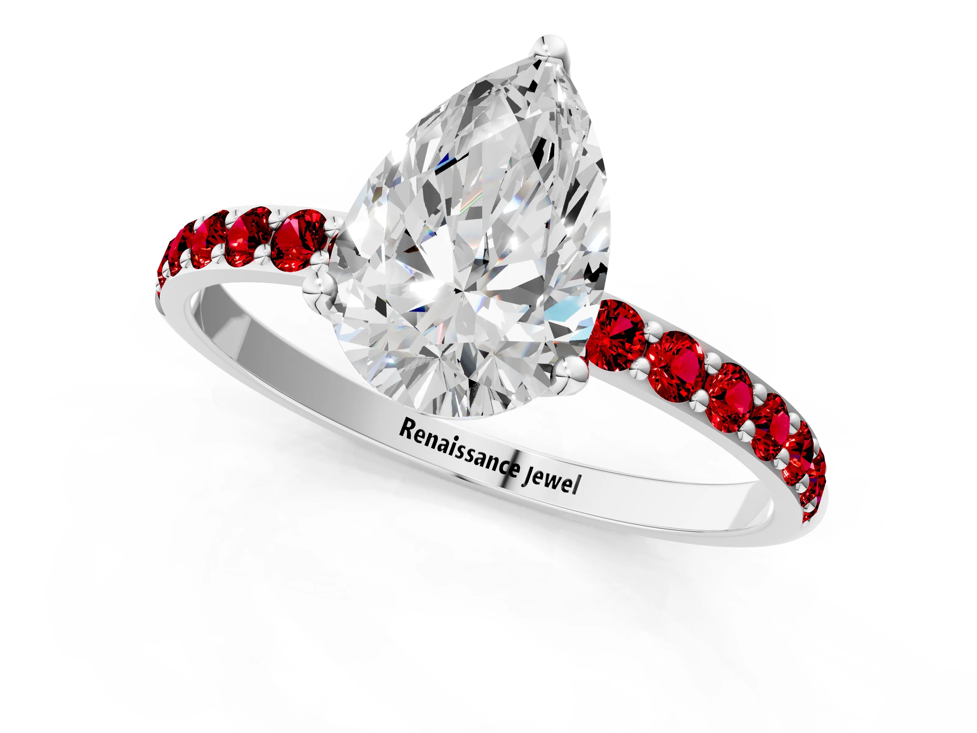 White gold Pear Cut Diamond Solitaire Engagement Ring with Round with Ruby side stone Pavé Band and Prong Setting_13