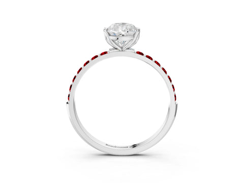White gold Pear Cut Diamond Solitaire Engagement Ring with Round with Ruby side stone Pavé Band and Prong Setting_15