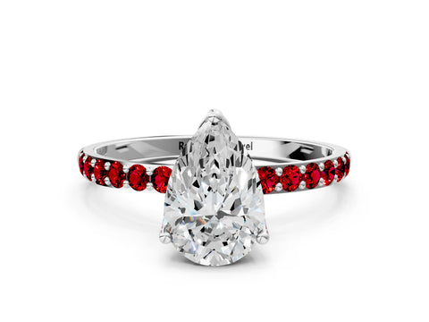 White gold Pear Cut Diamond Solitaire Engagement Ring with Round with Ruby side stone Pavé Band and Prong Setting_24