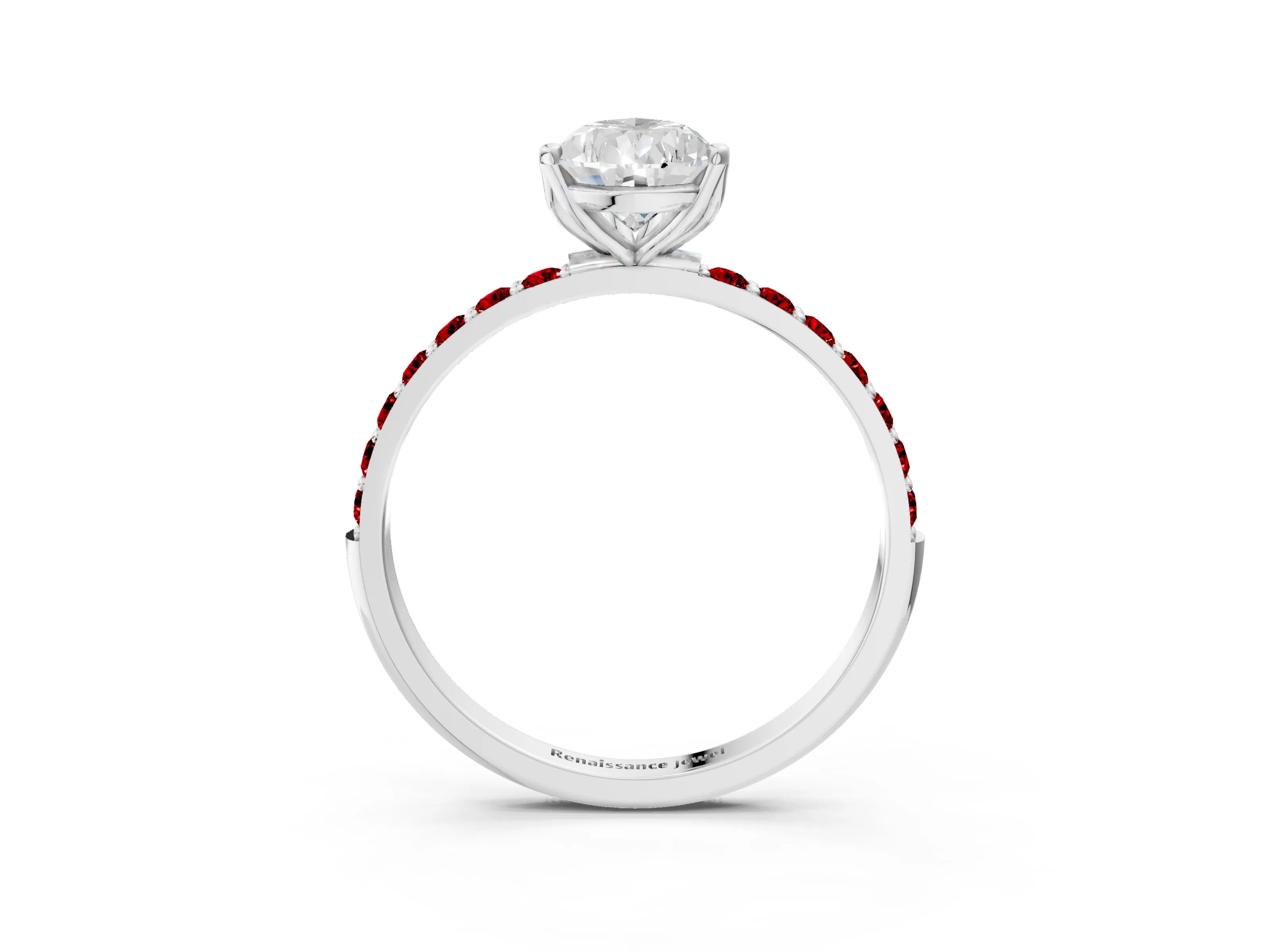 White gold Pear Cut Diamond Solitaire Engagement Ring with Round with Ruby side stone Pavé Band and Prong Setting_27