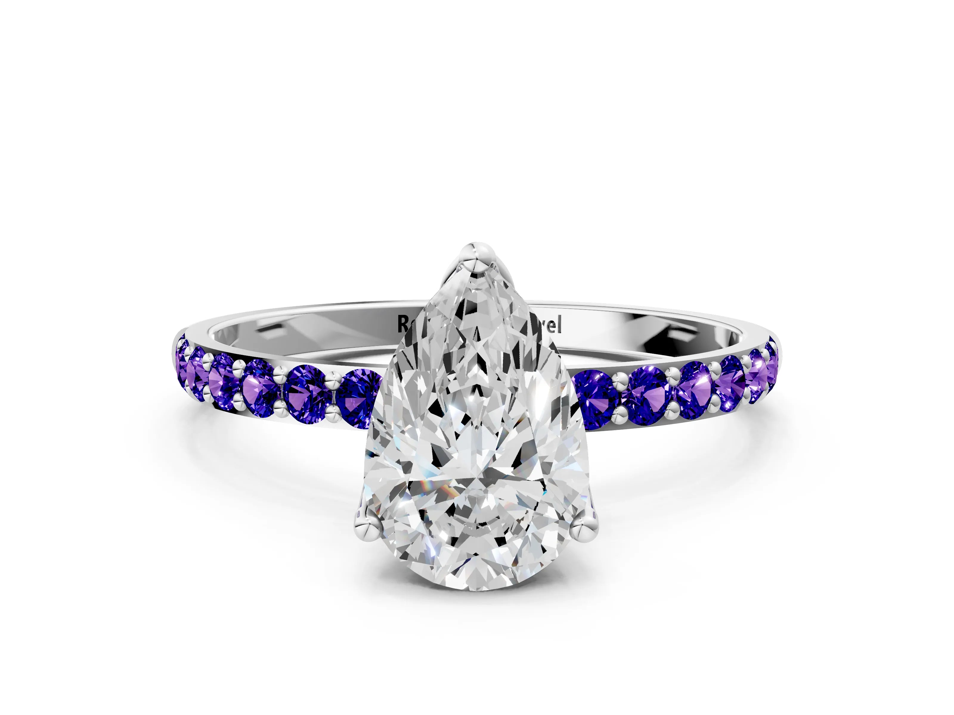 White gold Pear Cut Diamond Solitaire Engagement Ring with Round with Tanzanite side stone Pavé Band and Prong Setting