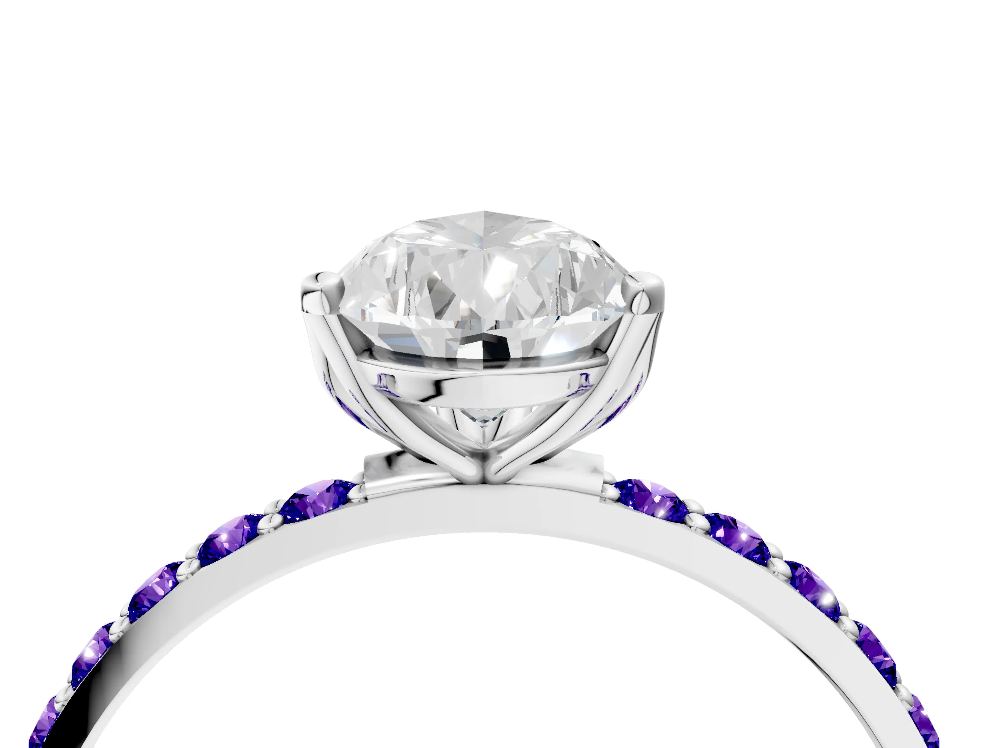White gold Pear Cut Diamond Solitaire Engagement Ring with Round with Tanzanite side stone Pavé Band and Prong Setting_10