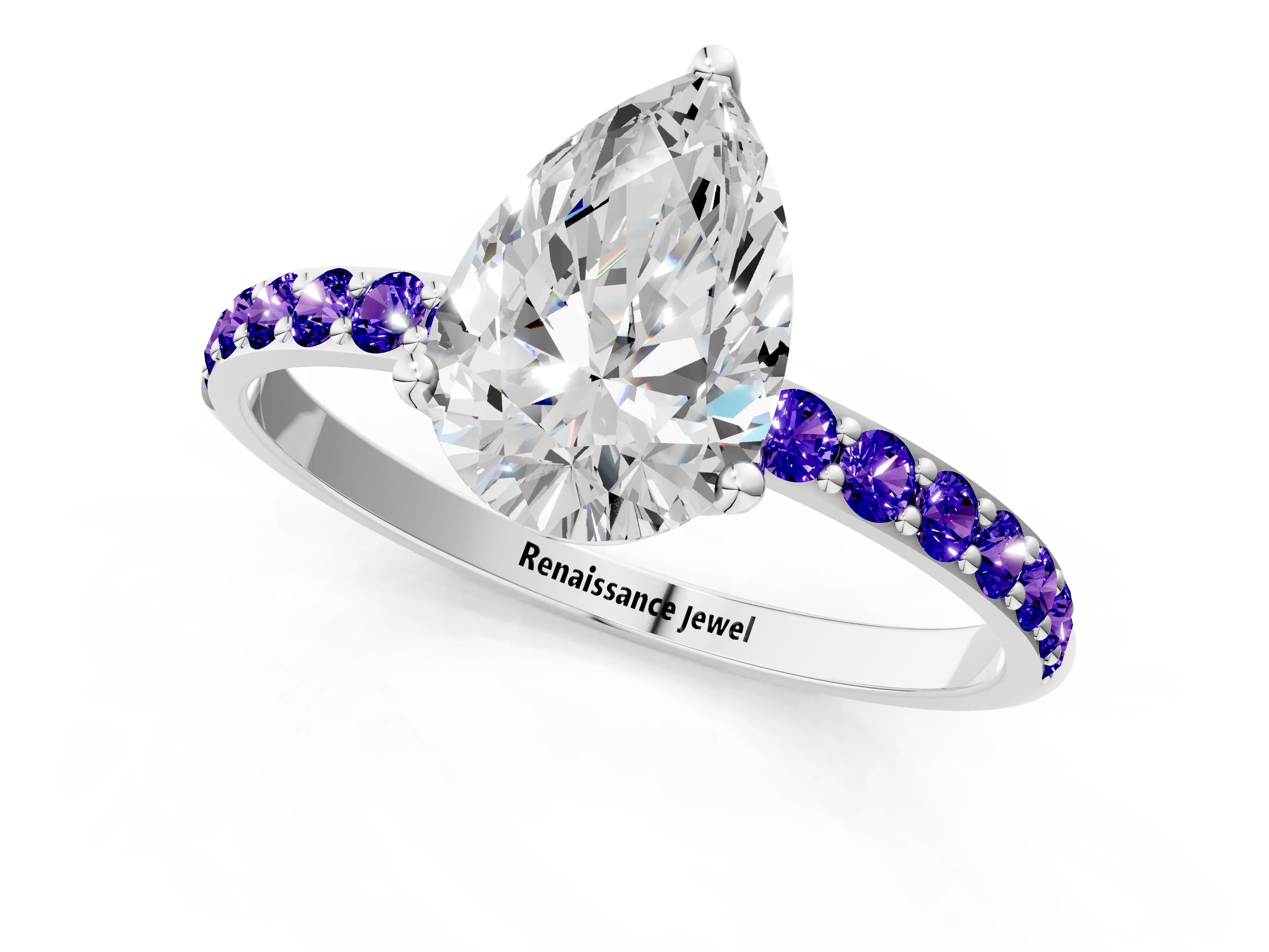 White gold Pear Cut Diamond Solitaire Engagement Ring with Round with Tanzanite side stone Pavé Band and Prong Setting_12