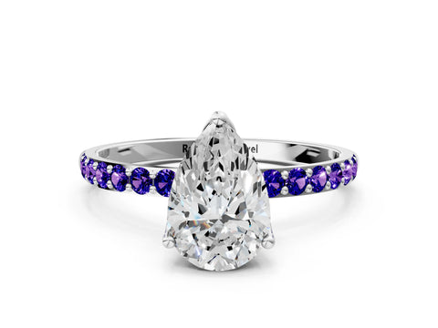 White gold Pear Cut Diamond Solitaire Engagement Ring with Round with Tanzanite side stone Pavé Band and Prong Setting_12