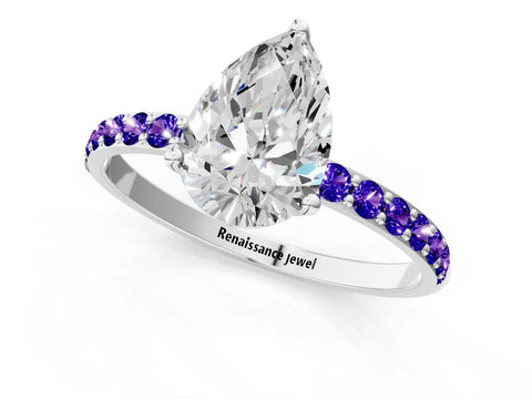 White gold Pear Cut Diamond Solitaire Engagement Ring with Round with Tanzanite side stone Pavé Band and Prong Setting_13