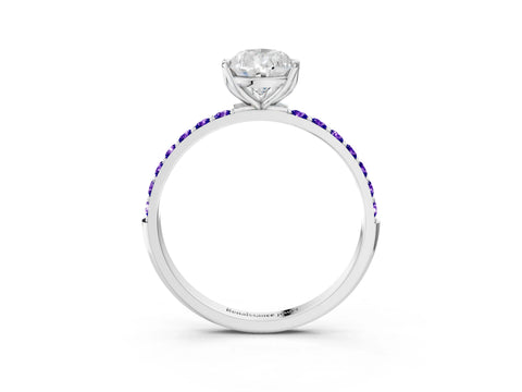 White gold Pear Cut Diamond Solitaire Engagement Ring with Round with Tanzanite side stone Pavé Band and Prong Setting_15