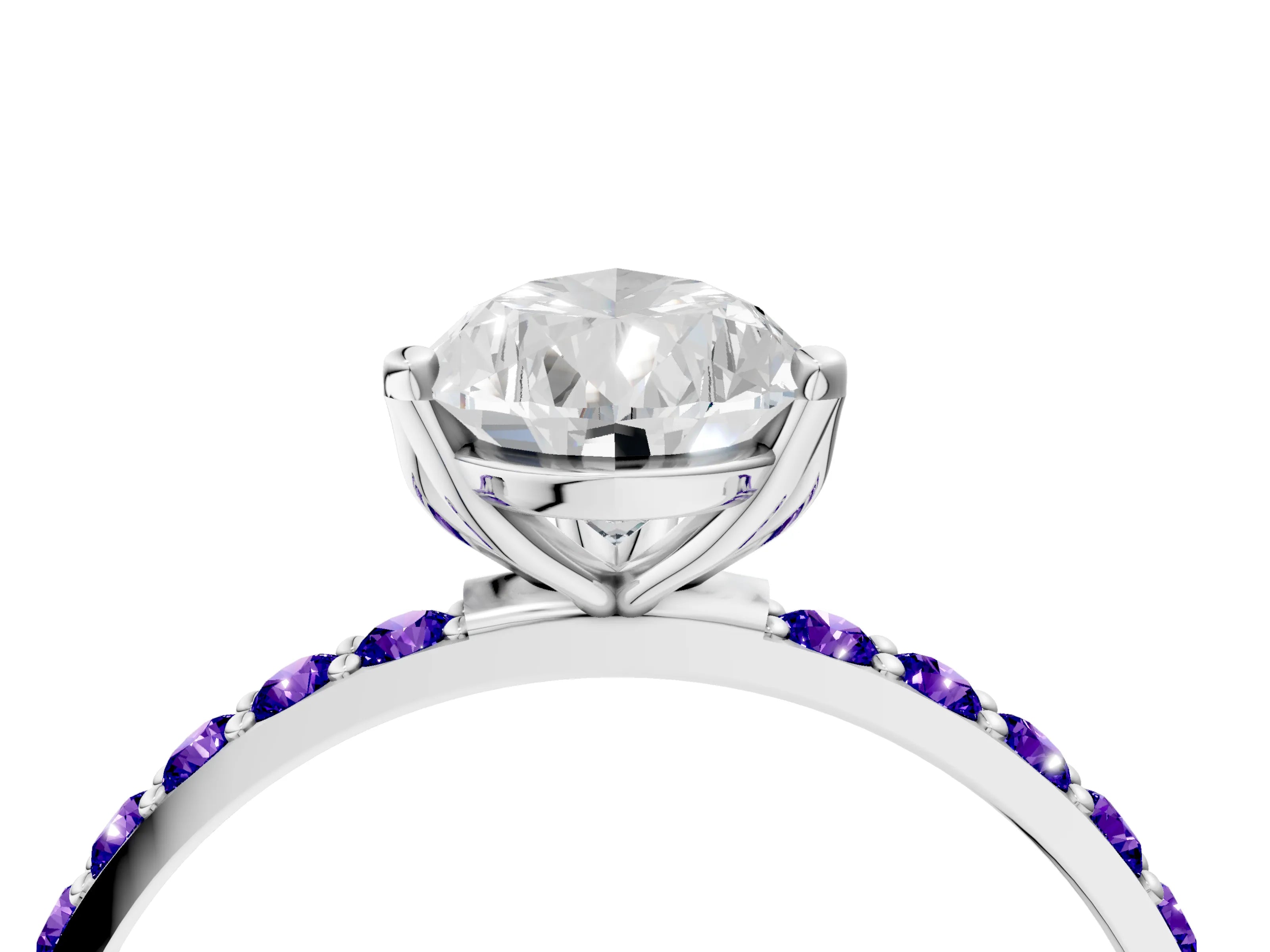 White gold Pear Cut Diamond Solitaire Engagement Ring with Round with Tanzanite side stone Pavé Band and Prong Setting_16
