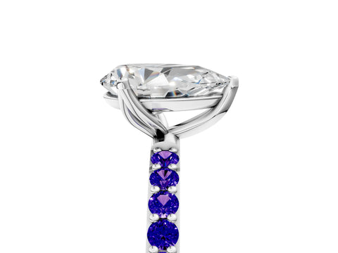 White gold Pear Cut Diamond Solitaire Engagement Ring with Round with Tanzanite side stone Pavé Band and Prong Setting_16