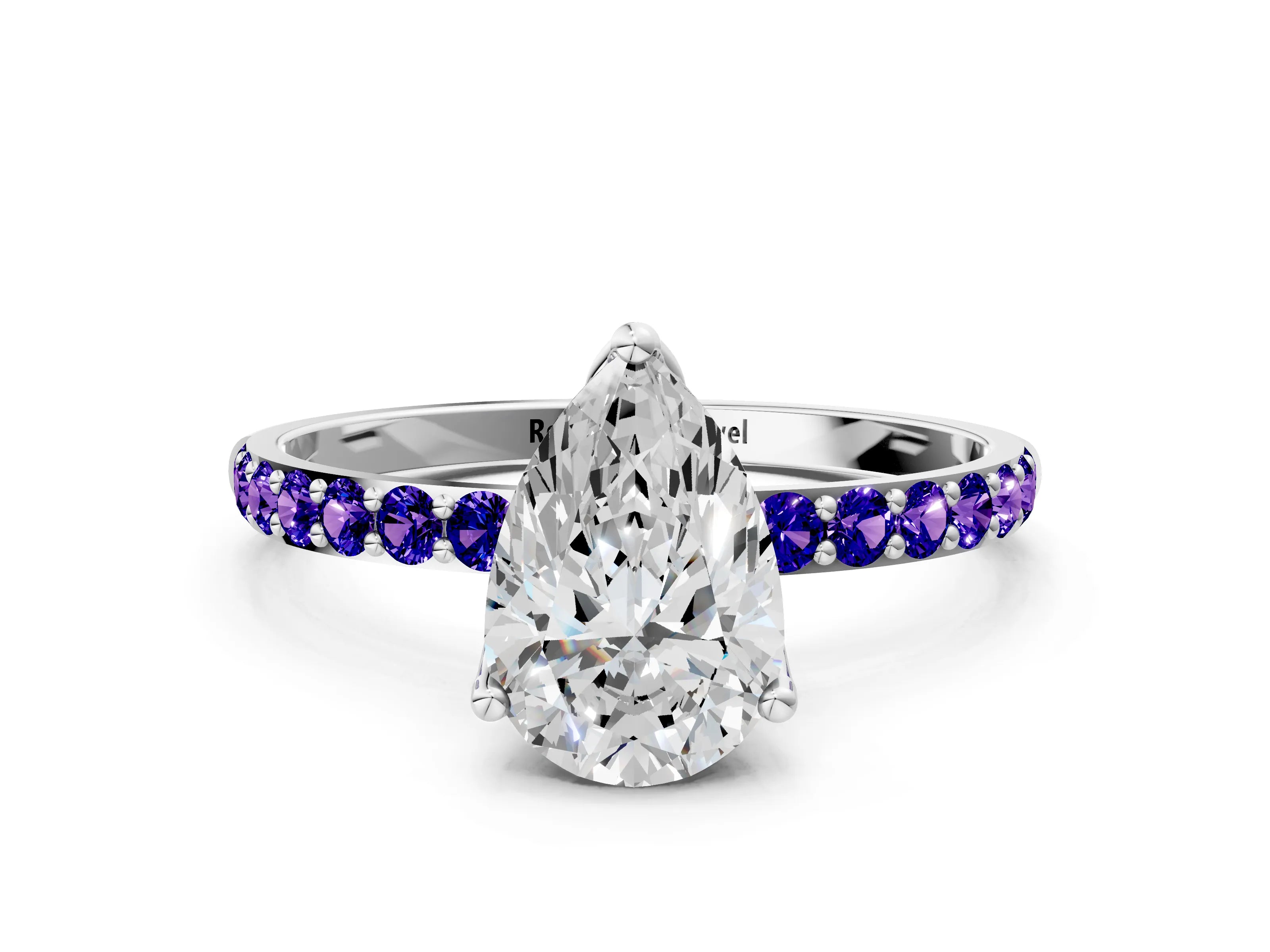 White gold Pear Cut Diamond Solitaire Engagement Ring with Round with Tanzanite side stone Pavé Band and Prong Setting_18