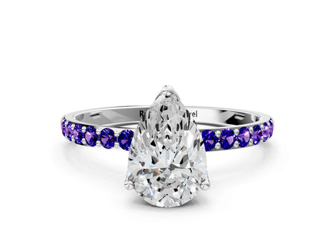 White gold Pear Cut Diamond Solitaire Engagement Ring with Round with Tanzanite side stone Pavé Band and Prong Setting_18