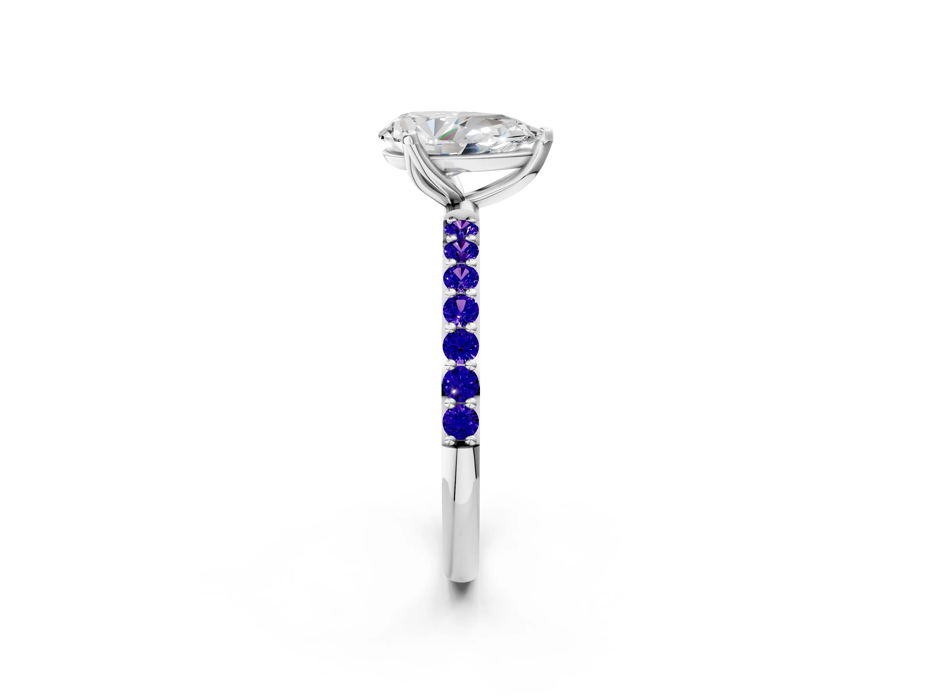 White gold Pear Cut Diamond Solitaire Engagement Ring with Round with Tanzanite side stone Pavé Band and Prong Setting_2
