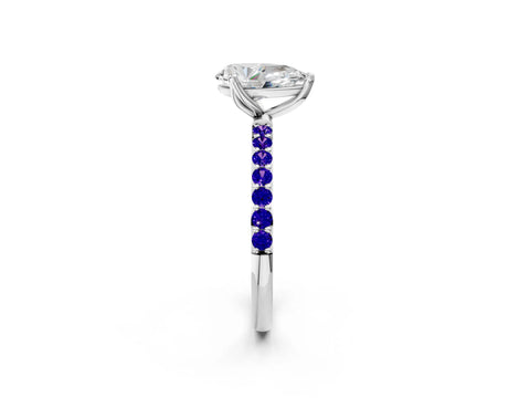 White gold Pear Cut Diamond Solitaire Engagement Ring with Round with Tanzanite side stone Pavé Band and Prong Setting_2
