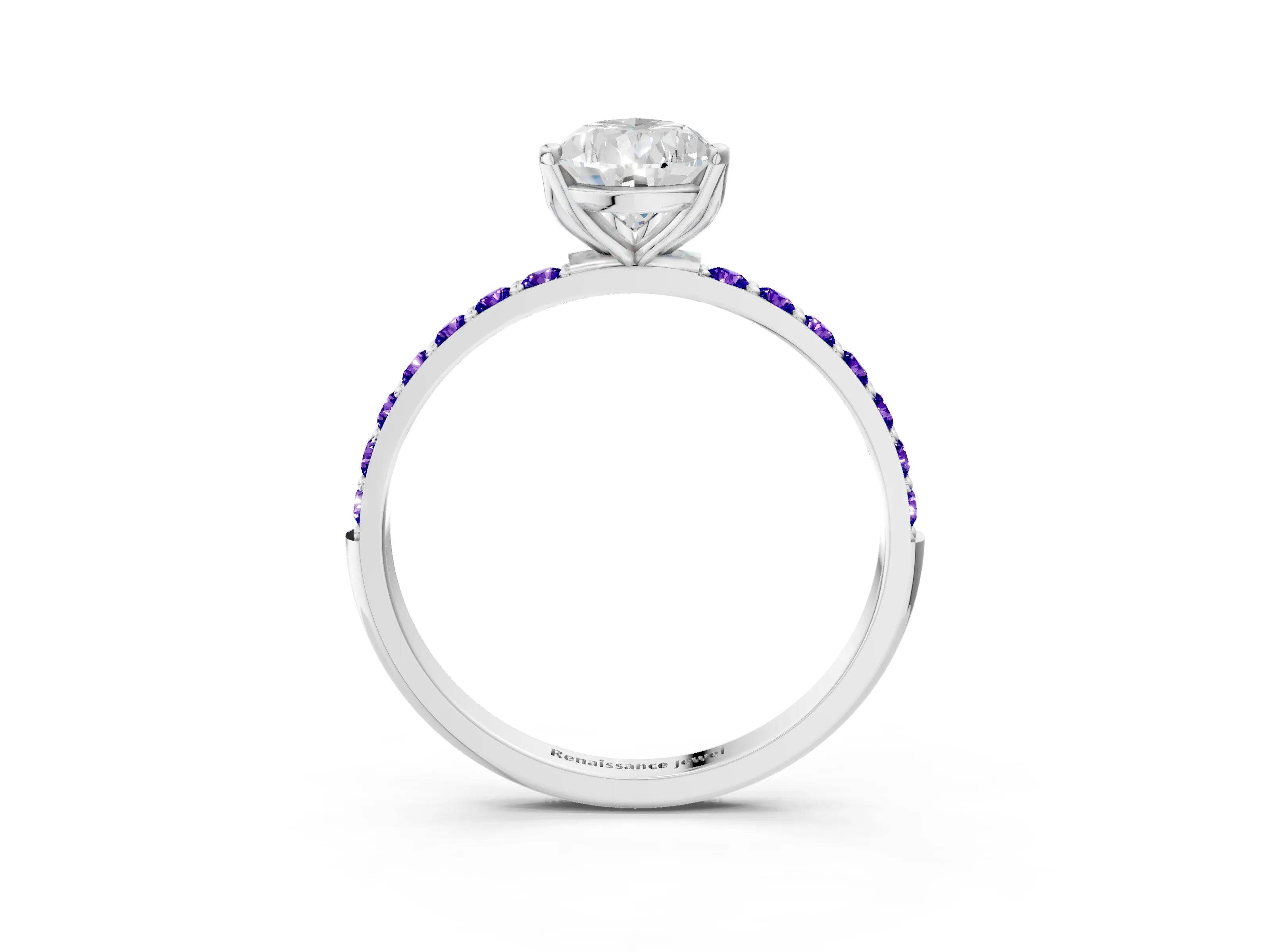 White gold Pear Cut Diamond Solitaire Engagement Ring with Round with Tanzanite side stone Pavé Band and Prong Setting_3