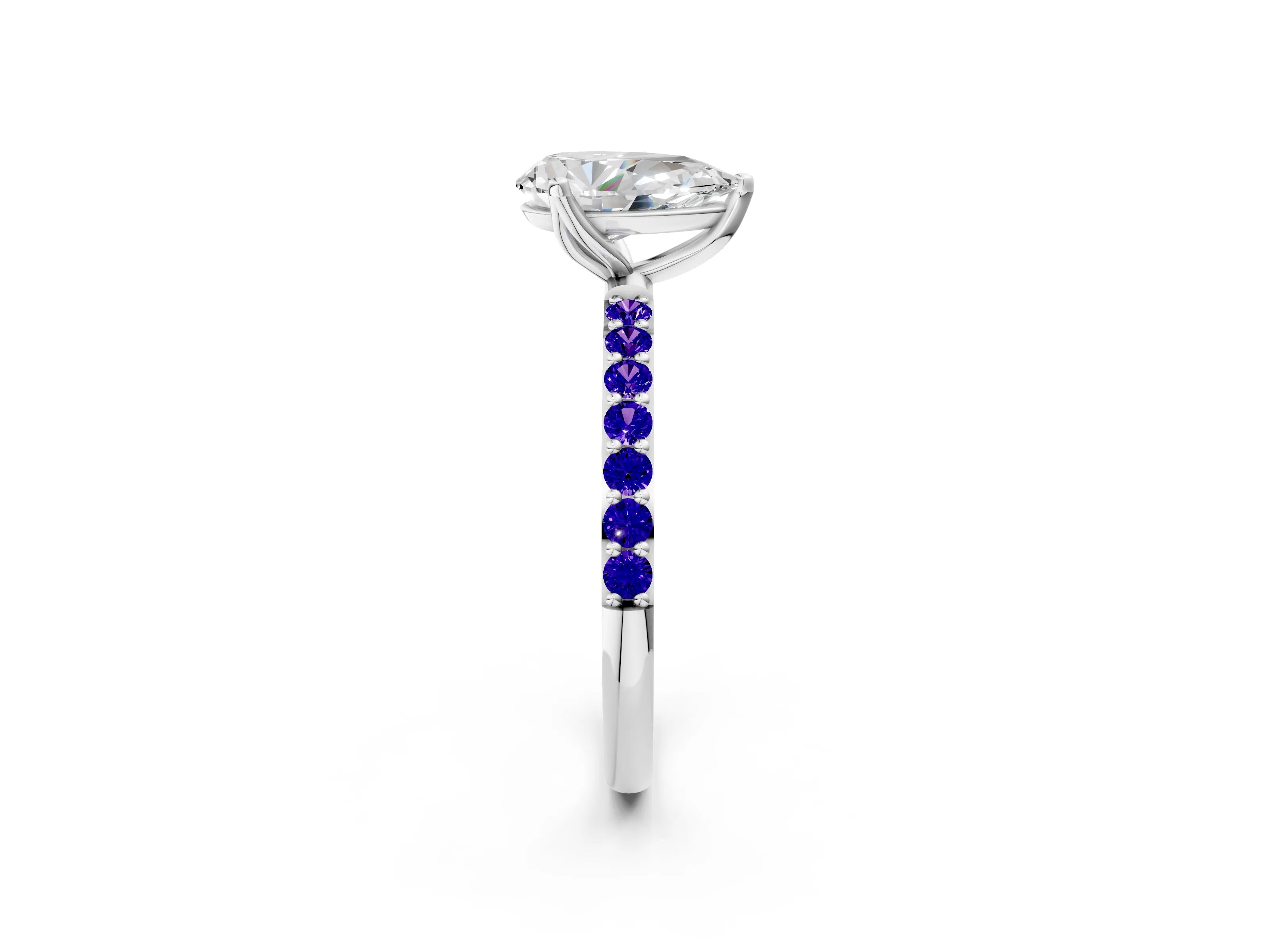 White gold Pear Cut Diamond Solitaire Engagement Ring with Round with Tanzanite side stone Pavé Band and Prong Setting_8