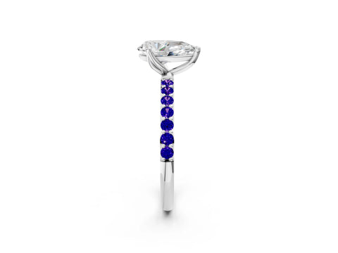 White gold Pear Cut Diamond Solitaire Engagement Ring with Round with Tanzanite side stone Pavé Band and Prong Setting_8
