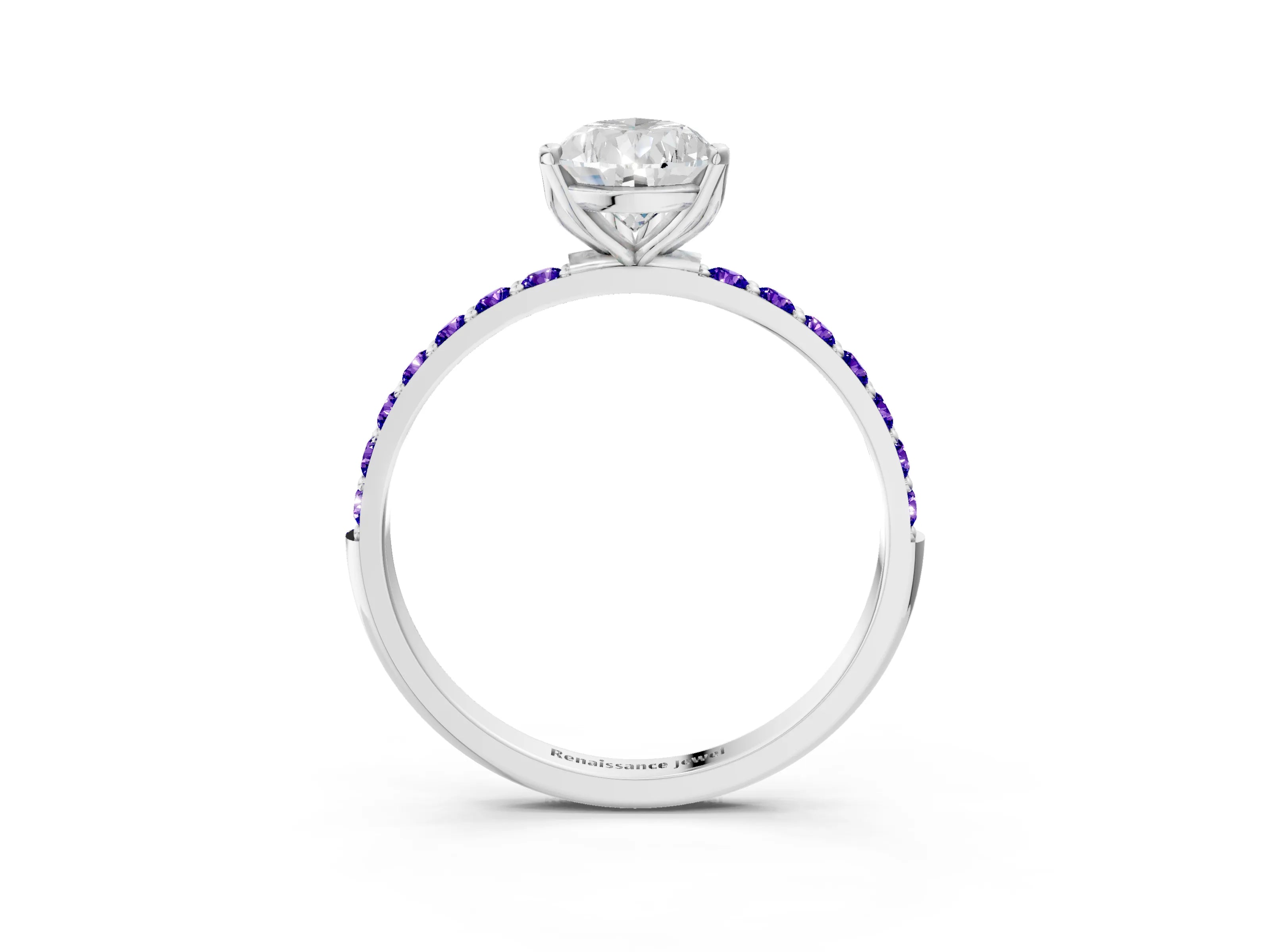 White gold Pear Cut Diamond Solitaire Engagement Ring with Round with Tanzanite side stone Pavé Band and Prong Setting_9