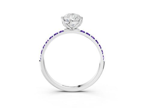 White gold Pear Cut Diamond Solitaire Engagement Ring with Round with Tanzanite side stone Pavé Band and Prong Setting_9