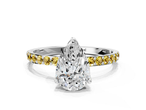 White gold Pear Cut Diamond Solitaire Engagement Ring with Round with Yellow Sapphire side stone Pavé Band and Prong Setting_12