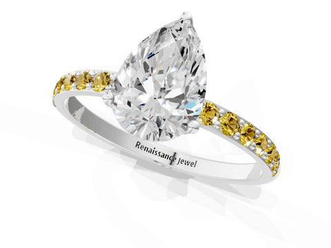 White gold Pear Cut Diamond Solitaire Engagement Ring with Round with Yellow Sapphire side stone Pavé Band and Prong Setting_13