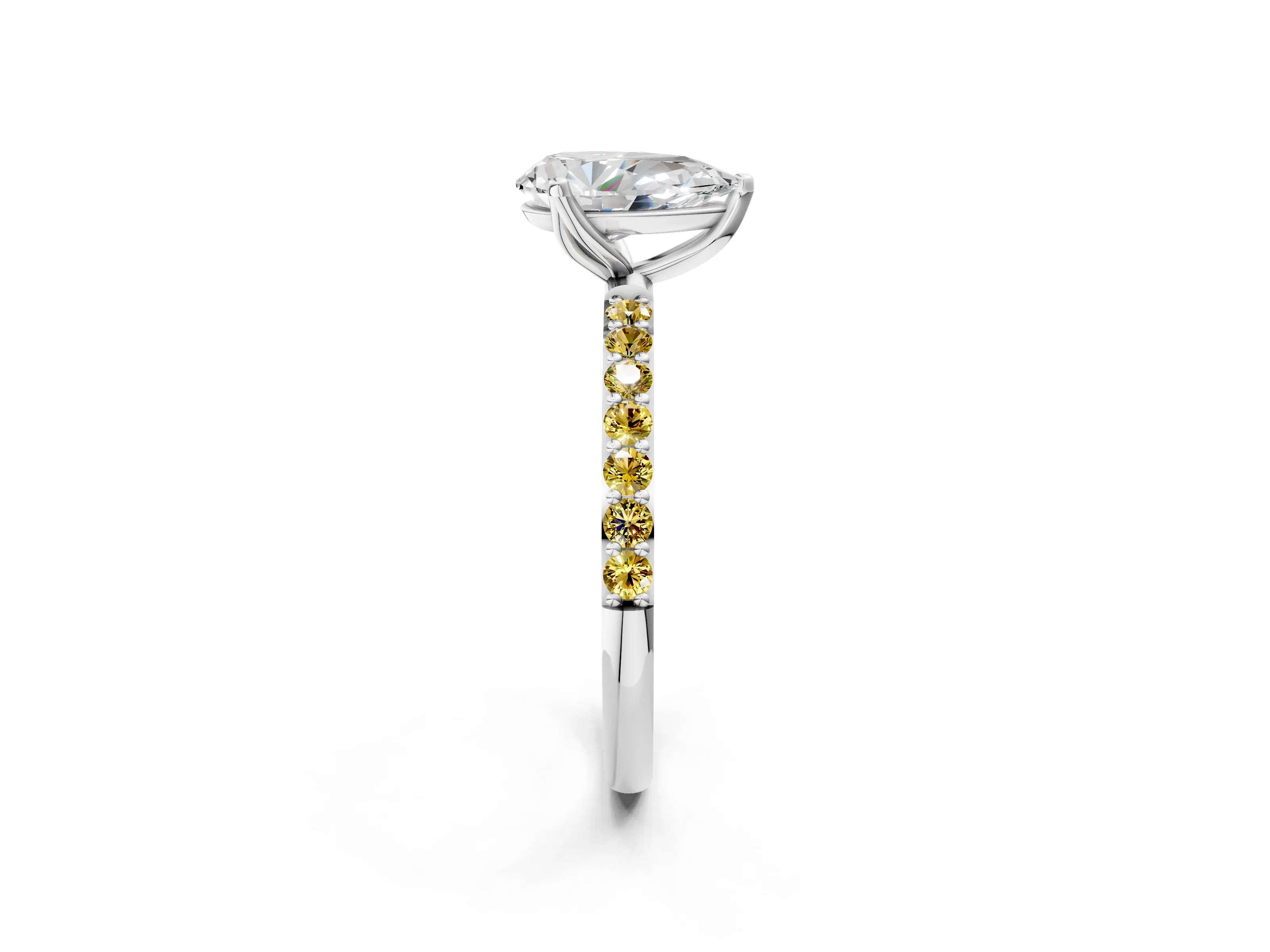 White gold Pear Cut Diamond Solitaire Engagement Ring with Round with Yellow Sapphire side stone Pavé Band and Prong Setting_14
