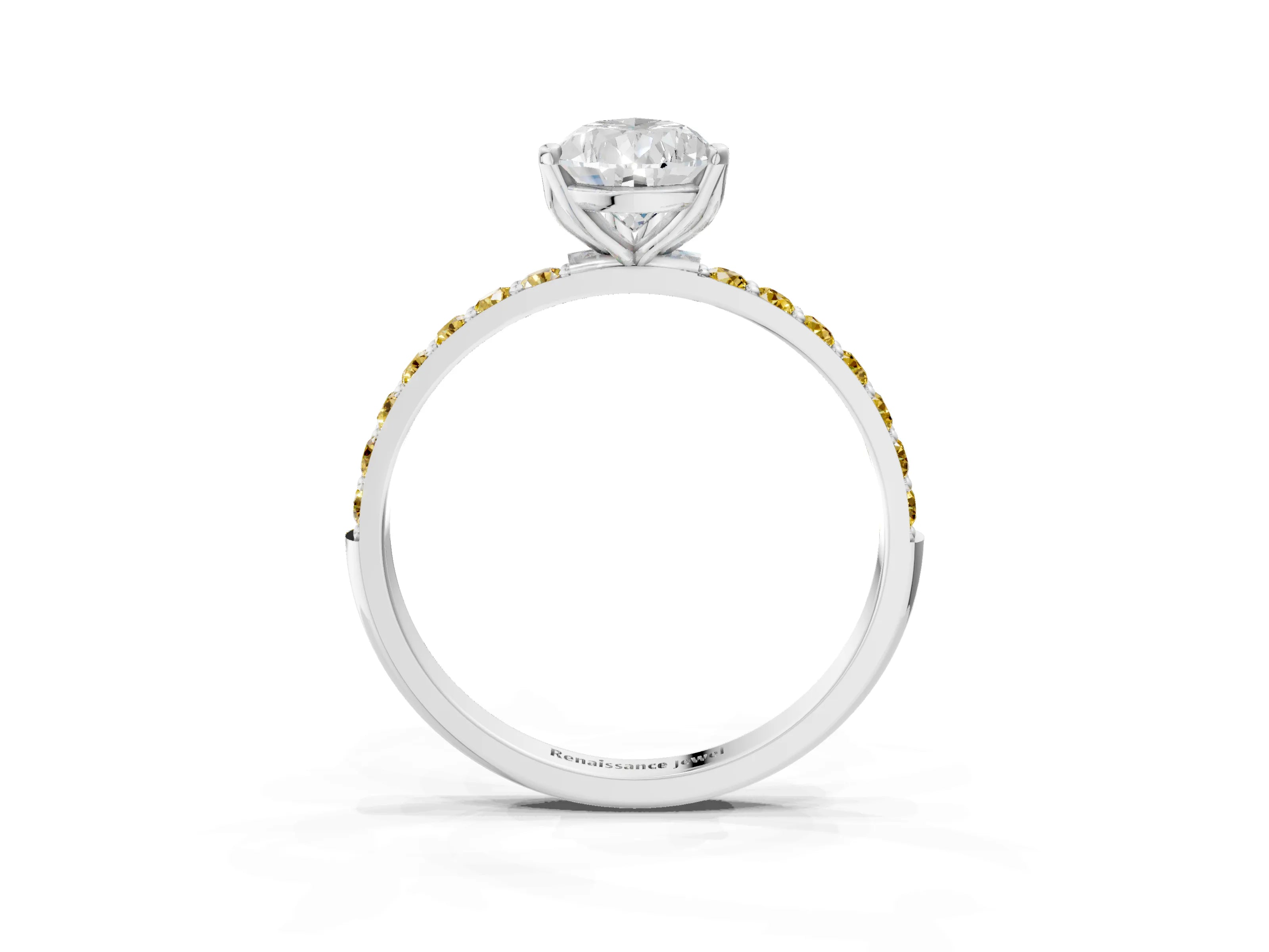 White gold Pear Cut Diamond Solitaire Engagement Ring with Round with Yellow Sapphire side stone Pavé Band and Prong Setting_15