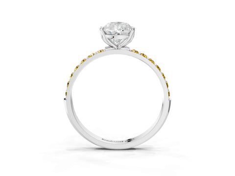 White gold Pear Cut Diamond Solitaire Engagement Ring with Round with Yellow Sapphire side stone Pavé Band and Prong Setting_15