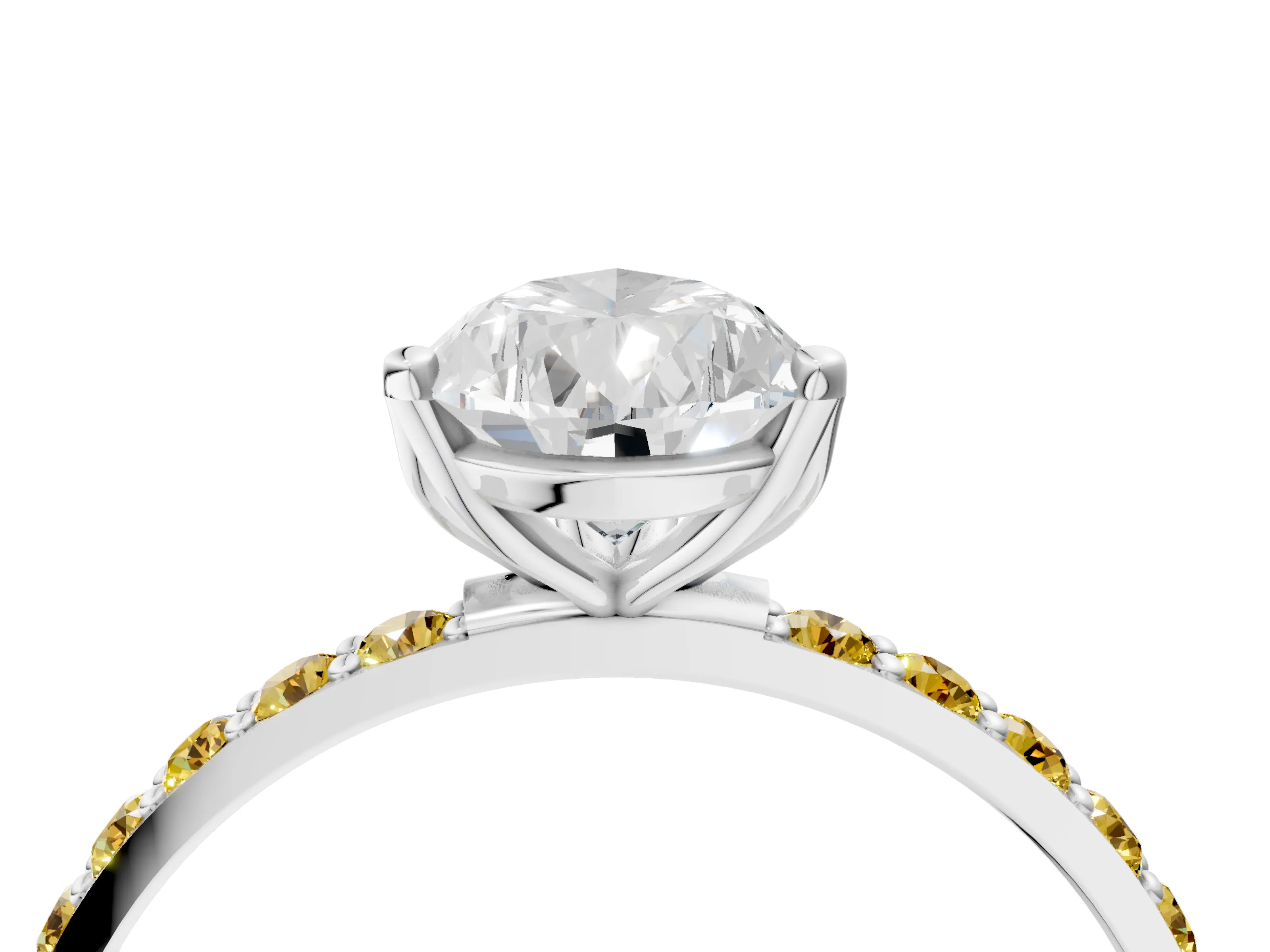 White gold Pear Cut Diamond Solitaire Engagement Ring with Round with Yellow Sapphire side stone Pavé Band and Prong Setting_16