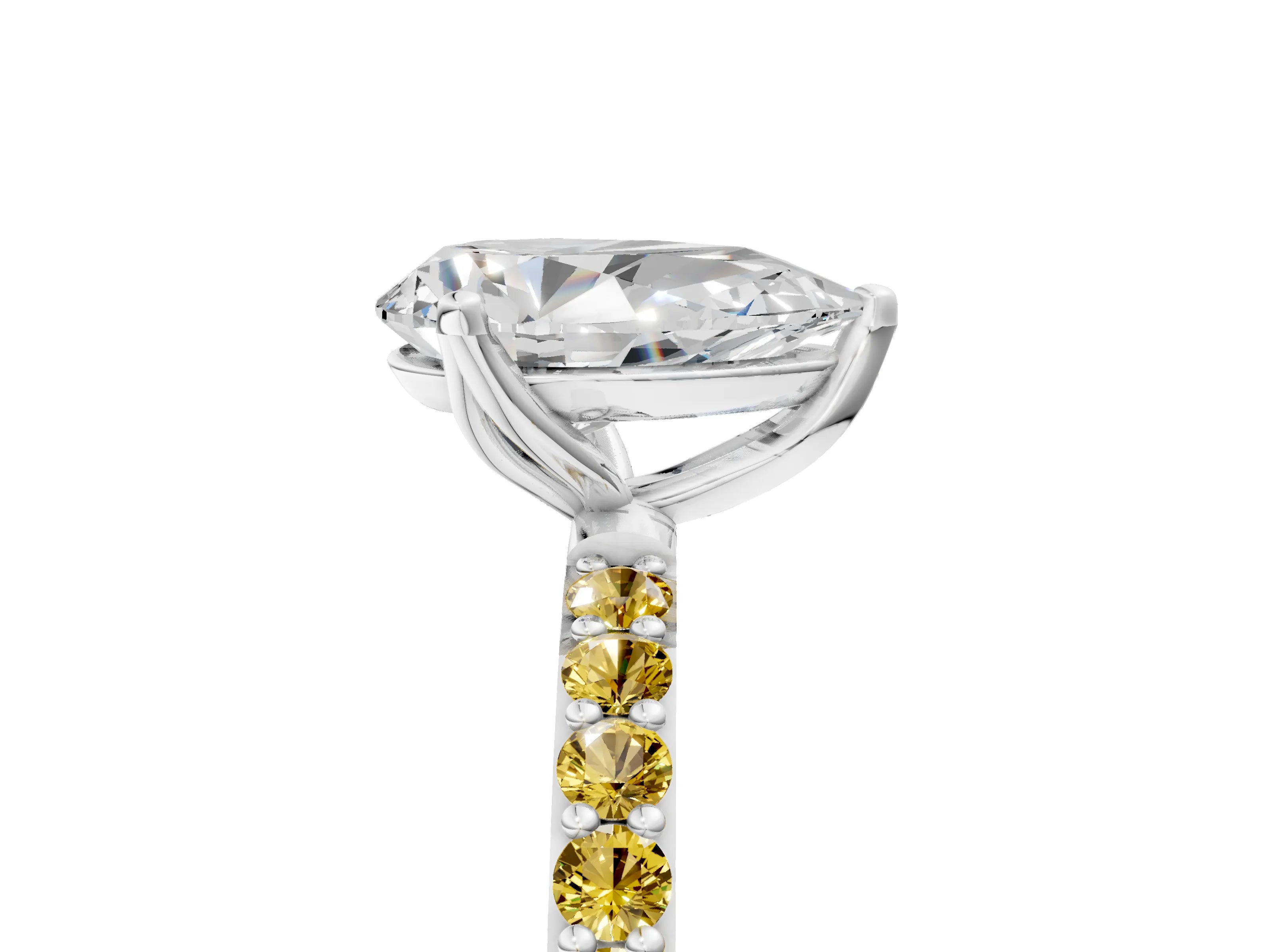 White gold Pear Cut Diamond Solitaire Engagement Ring with Round with Yellow Sapphire side stone Pavé Band and Prong Setting_17