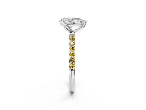 White gold Pear Cut Diamond Solitaire Engagement Ring with Round with Yellow Sapphire side stone Pavé Band and Prong Setting_26